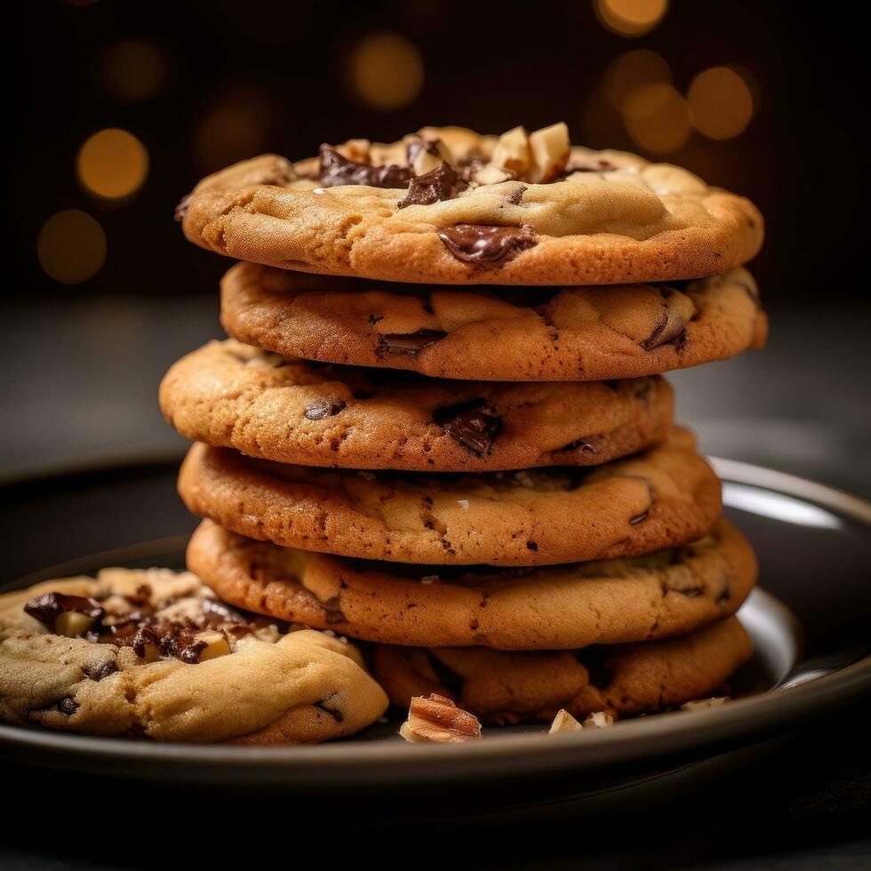 doce saboroso biscoitos com chocolate salgadinhos em a mesa. generativo ai. foto