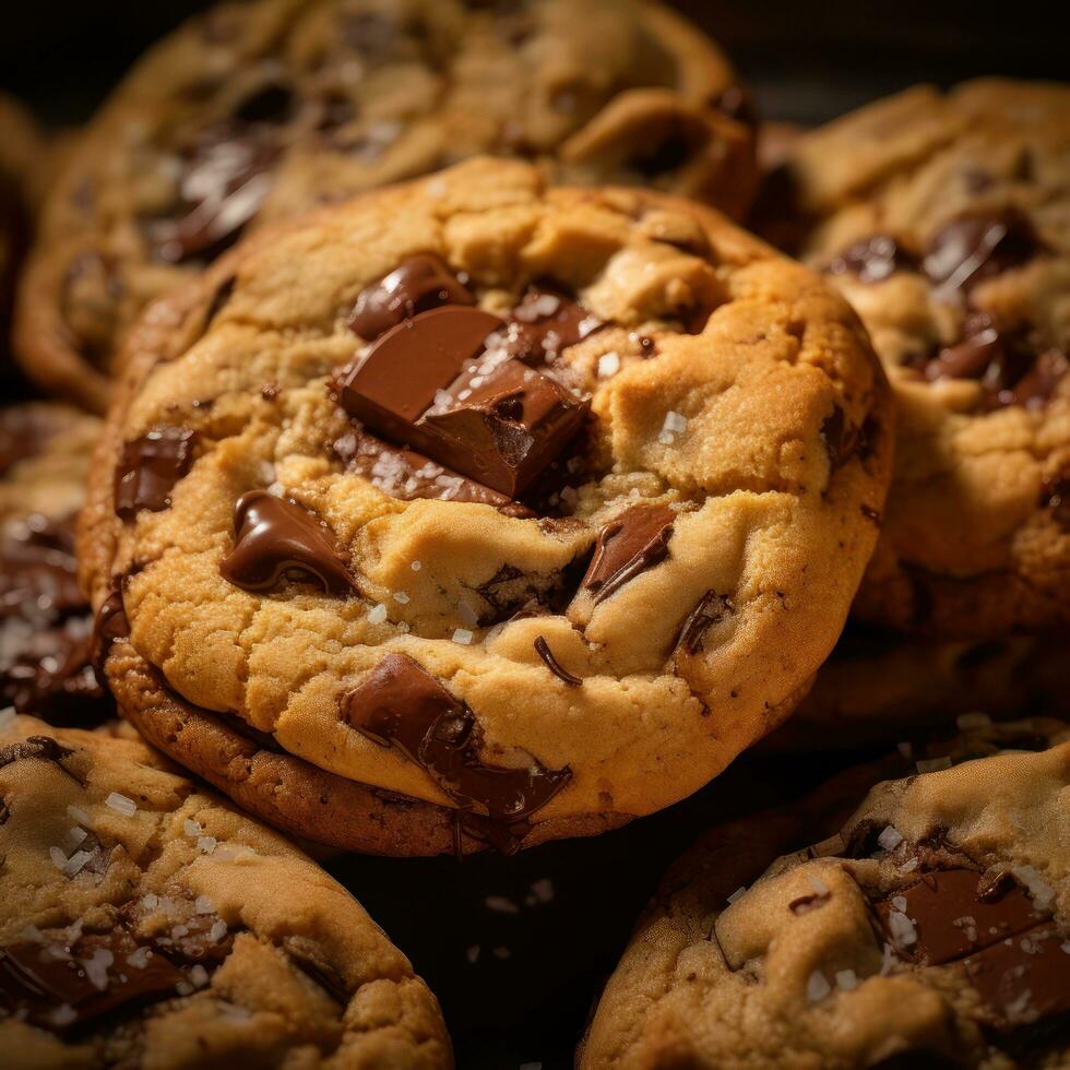 doce saboroso biscoitos com chocolate salgadinhos em a mesa. generativo ai. foto