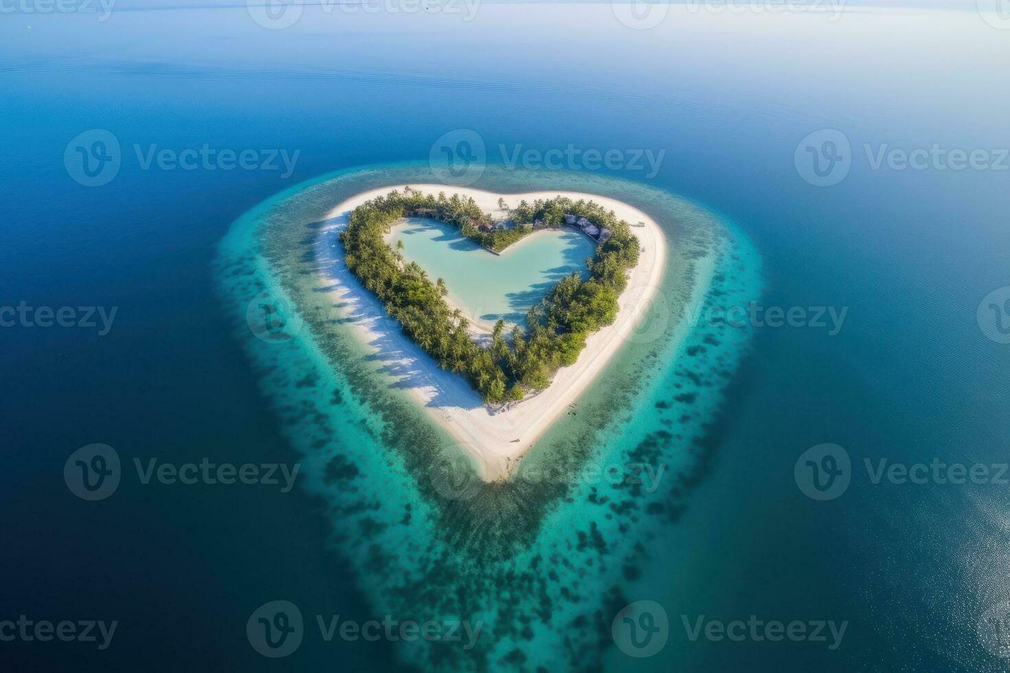 tropical ilha dentro a forma do coração. aéreo visualizar. 3d ilustração. generativo ai. foto