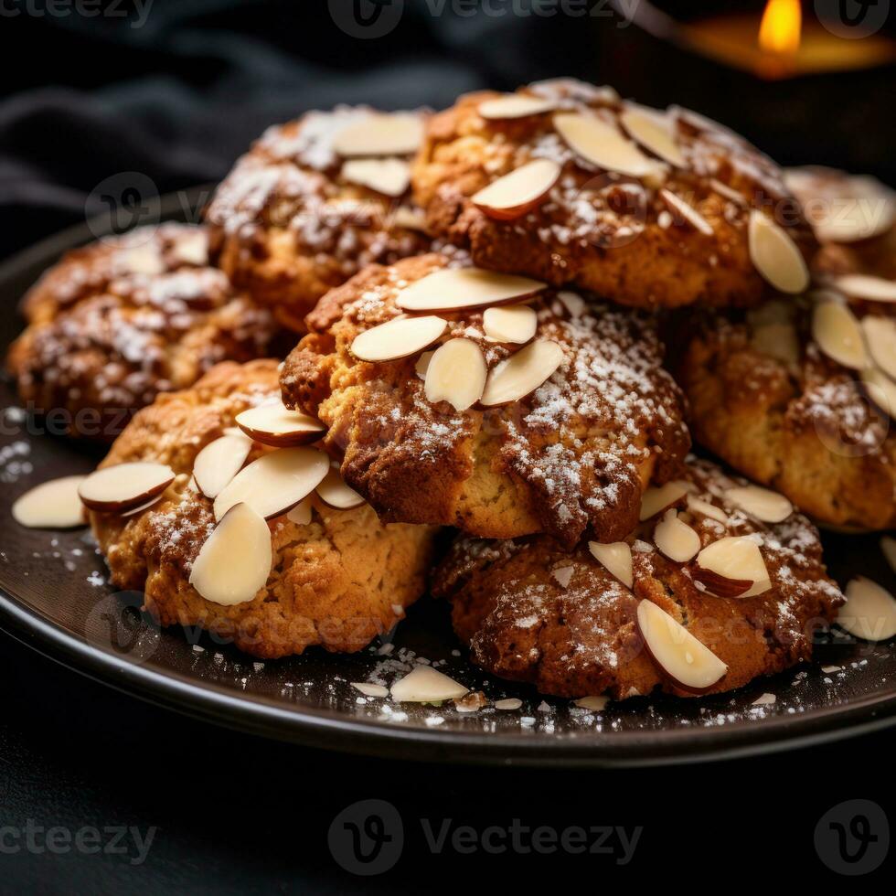 doce amêndoa biscoitos em Preto de madeira mesa. Preto fundo. topo visualizar. generativo ai. foto