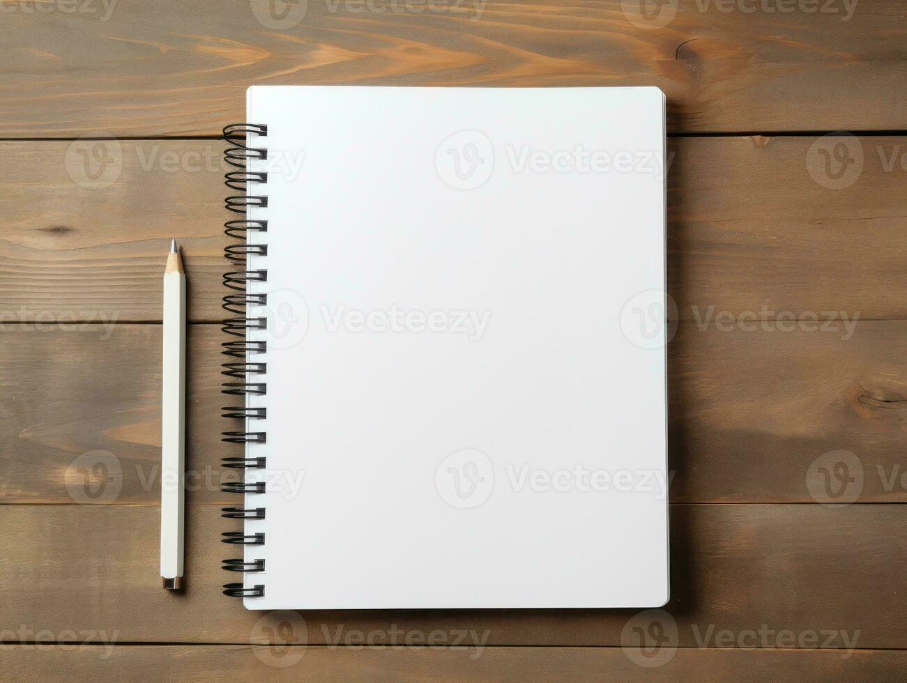 topo Visão do espiral caderno com lápis em de madeira mesa. emtry página para texto. generativo ai. foto