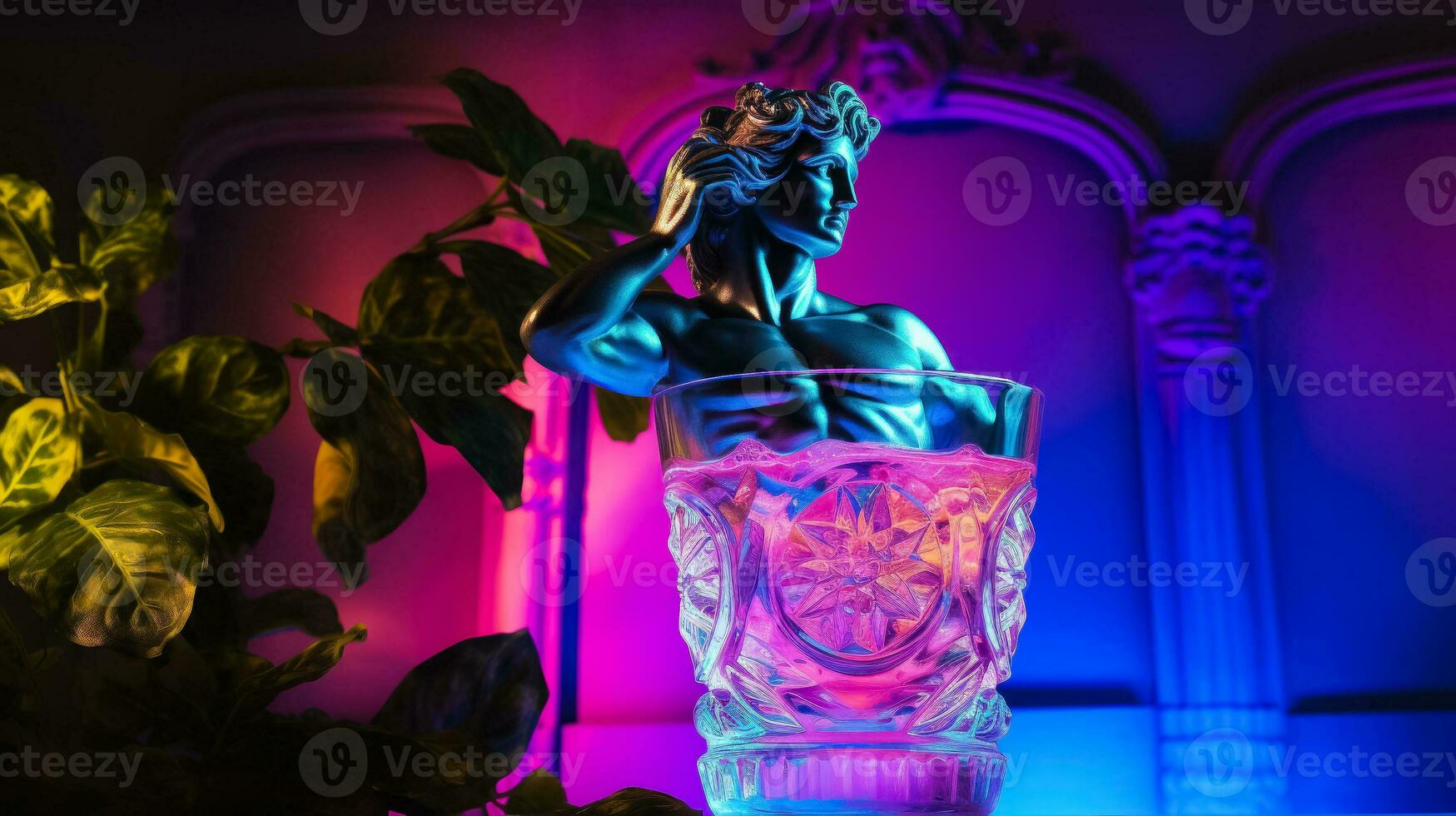 Antiguidade estátua dentro néon luz com daiquiri coquetel moderno conceito fundo com uma cópia de espaço foto