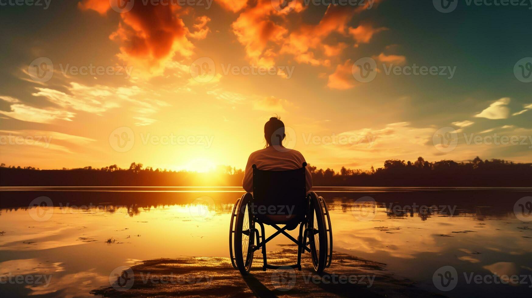 silhueta do Desativado homem em cadeira de rodas às a de praia durante pôr do sol, desabilitar dia foto