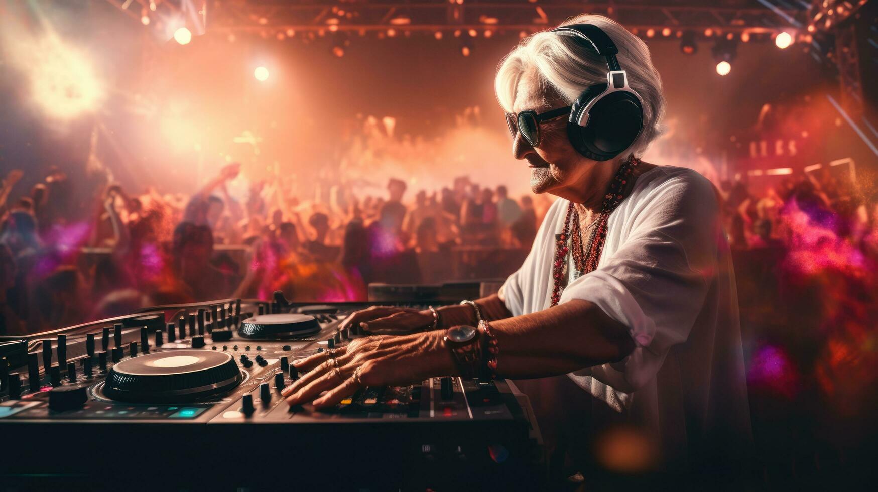 brilhante idosos mulher dj às uma delírio. techno festa dentro a clube. Avó dj. foto