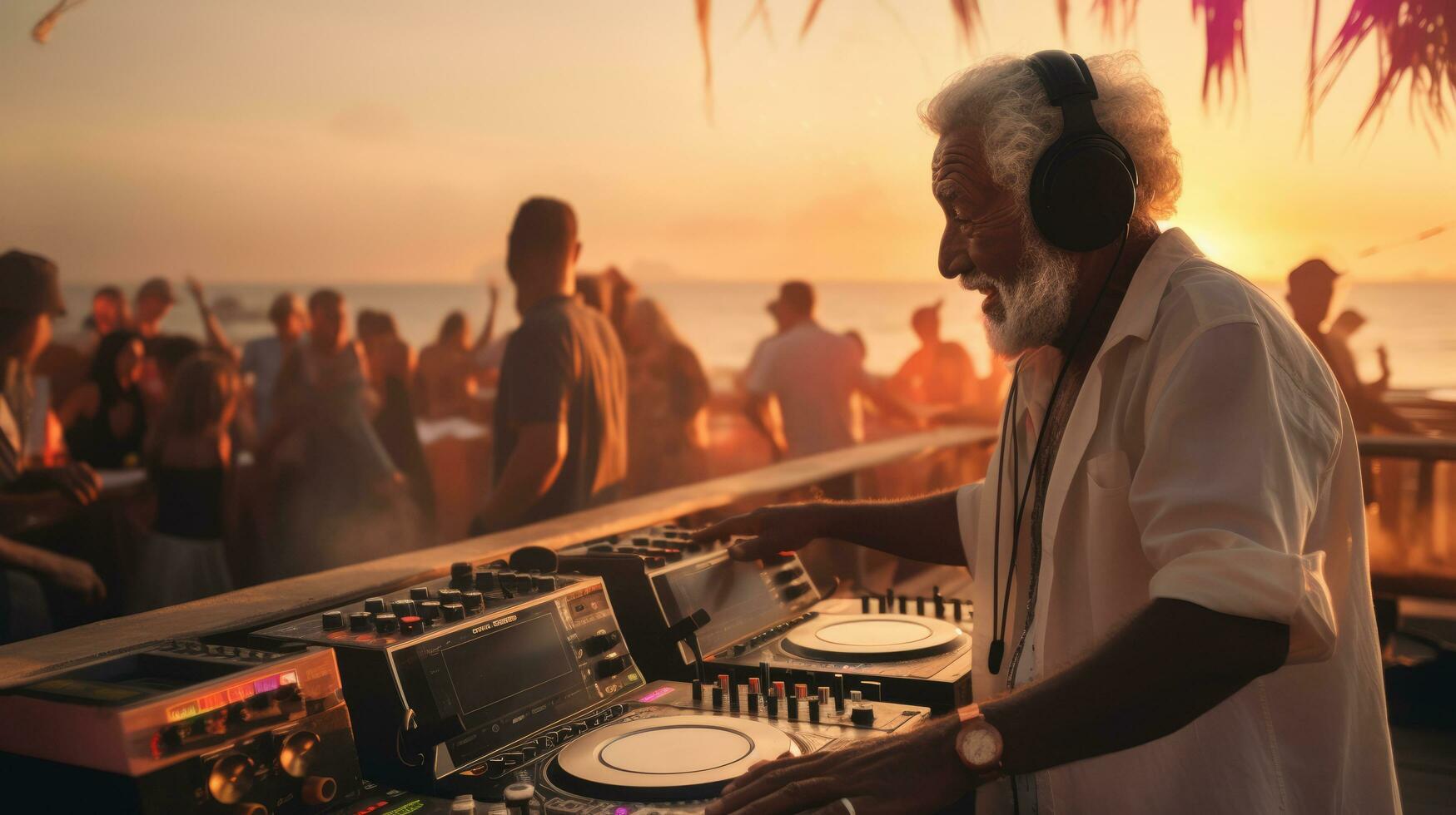 atraente grisalho envelhecido homem dj às uma de praia festa durante pôr do sol. foto