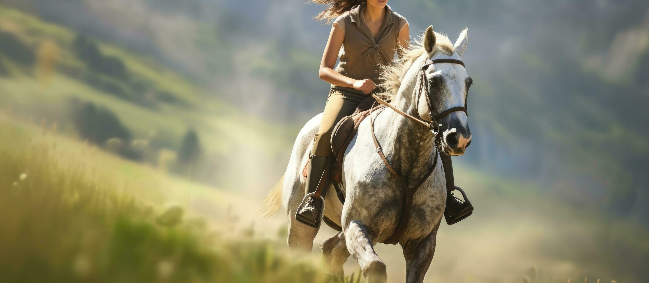 dentro profundidade representação do uma esporte envolvendo uma velozes corrida cavalo e uma jovem fêmea atleta foto