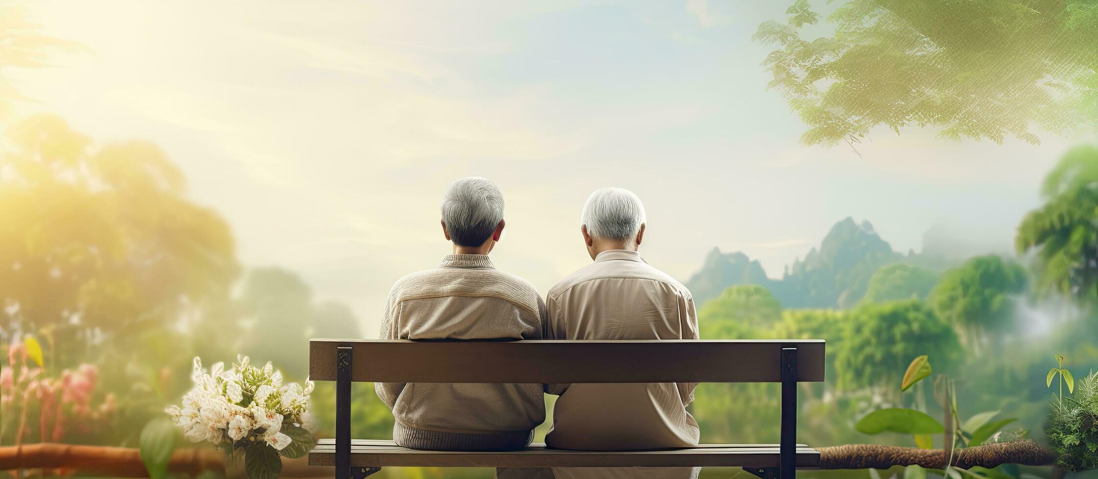 ásia e caucasiano casal enfermeira ajudando idosos homem ao ar livre segurando mãos quarto para texto rede bandeira foto