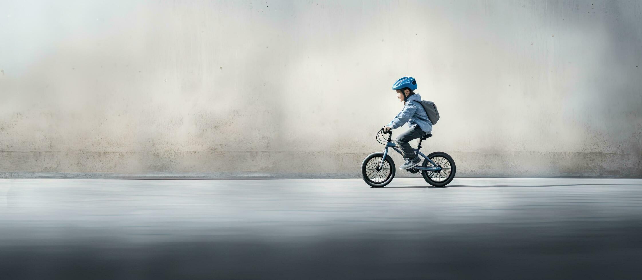 embaçado Garoto equitação bicicleta contra cinzento parede alegre criança ciclismo dentro cidade movimento borrão foto