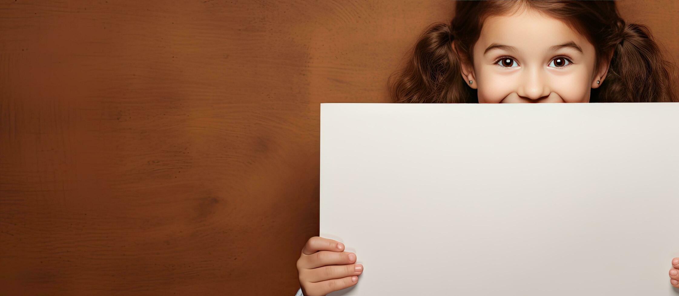 feliz menina atrás esvaziar propaganda borda em Castanho fundo foto