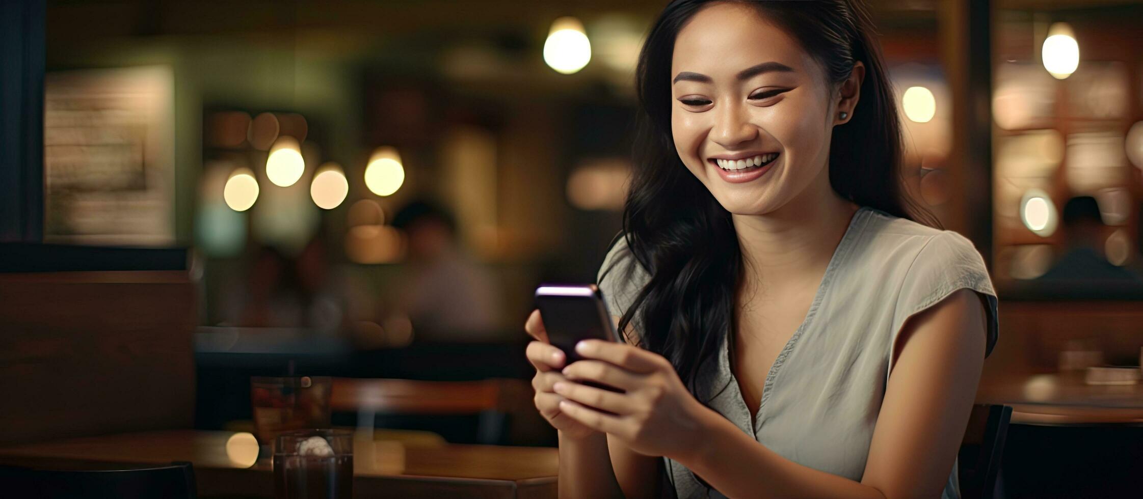 a ásia mulher dentro uma restaurante segurando uma Smartphone com a esvaziar tela pronto para uma mensagem logotipo ou propaganda foto