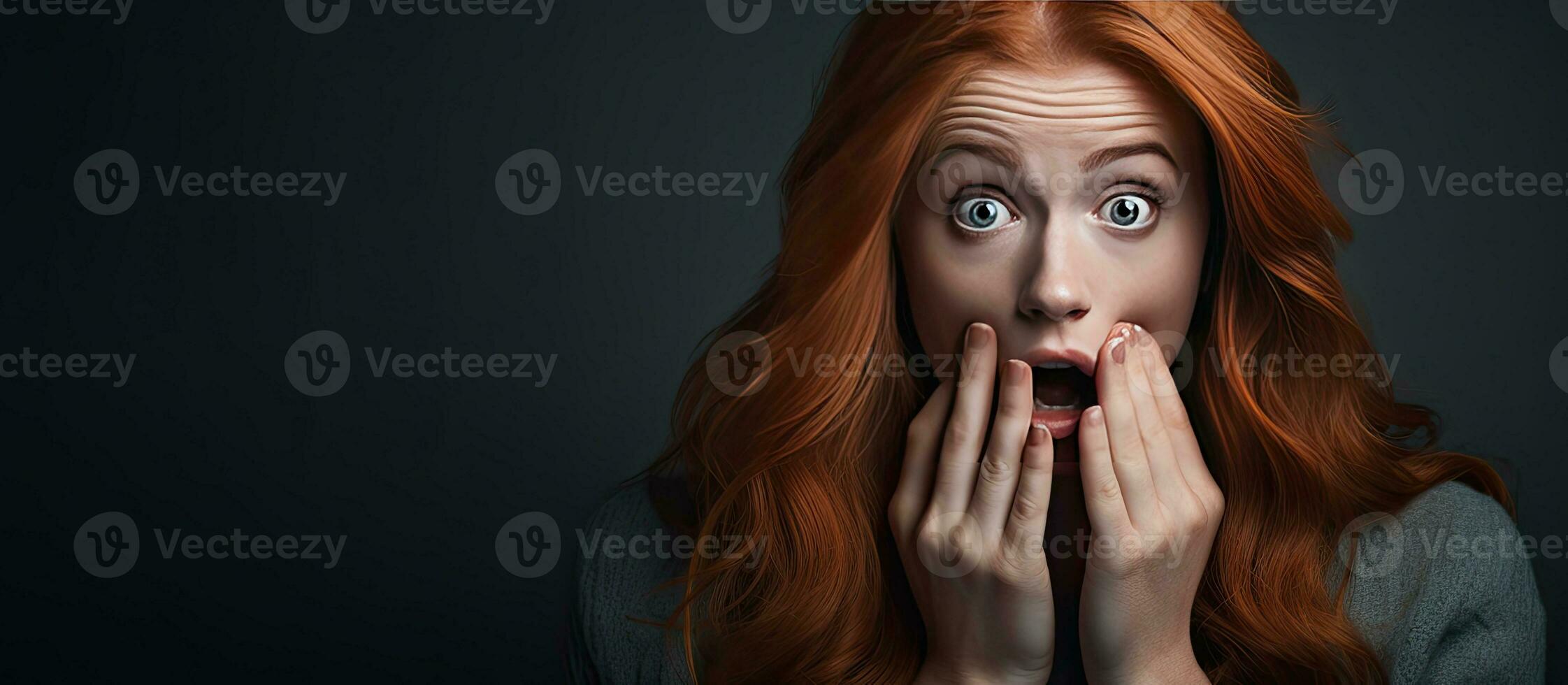 uma ruiva mulher cobertura dela boca parece excitadamente às a Câmera dentro uma Sombrio estúdio fundo foto