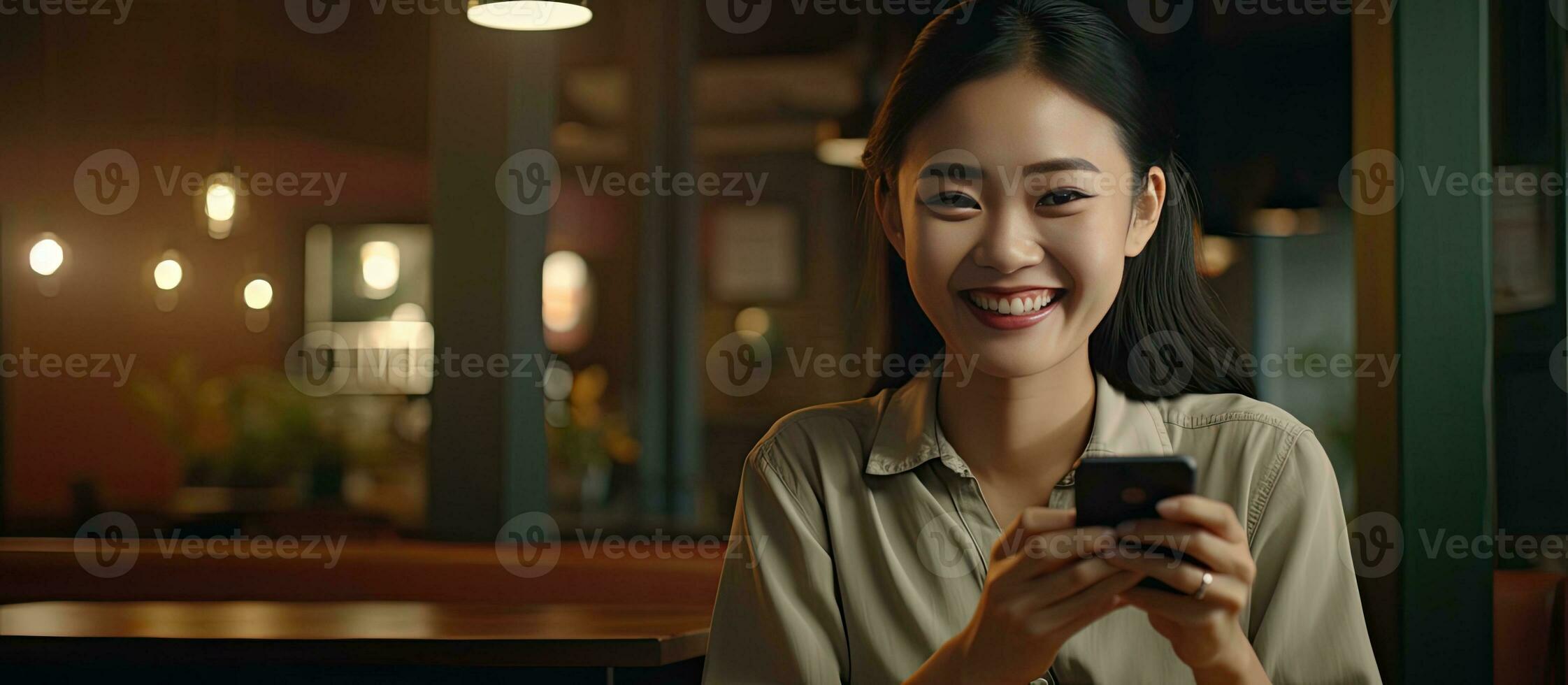 a ásia mulher dentro uma restaurante segurando uma Smartphone com a esvaziar tela pronto para uma mensagem logotipo ou propaganda foto