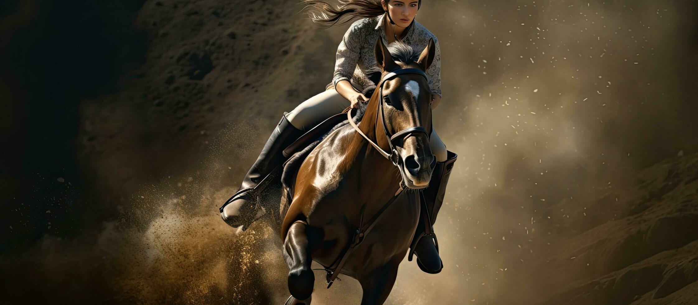 dentro profundidade representação do uma esporte envolvendo uma velozes corrida cavalo e uma jovem fêmea atleta foto