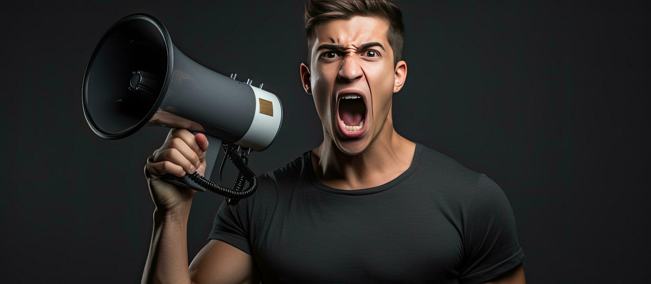 bonito jovem homem vitórias a dia com uma megafone foto