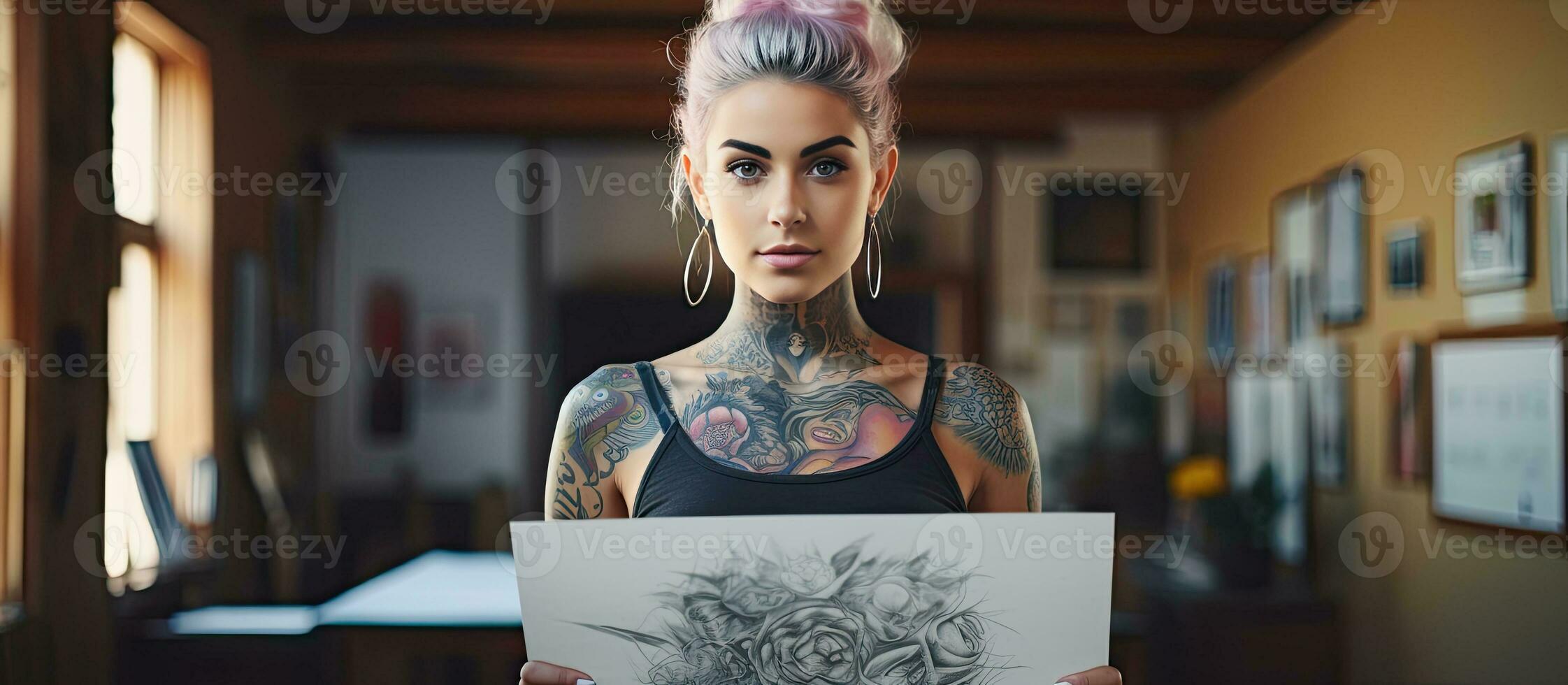 criativo mulher com tatuagens segurando pintura planejamento arte exibição dentro cintura acima retrato foto