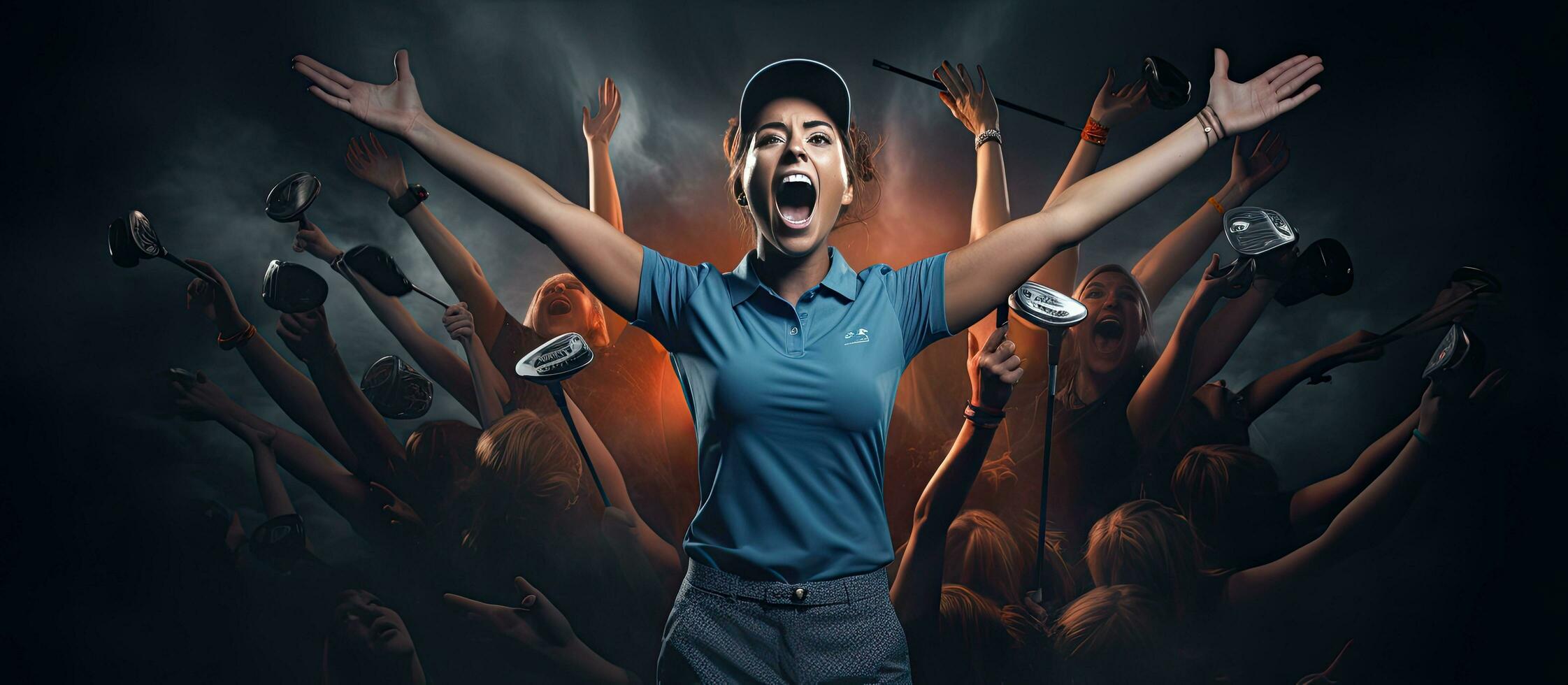 uma caucasiano mulher a comemorar nacional golfe mês de levantando dela braços dentro uma vencedora s pose cercado de texto em uma Preto fundo foto
