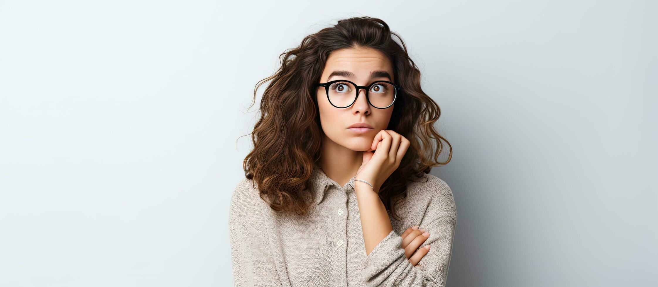 jovem mulher olhando longe dentro confusão com branco fundo foto