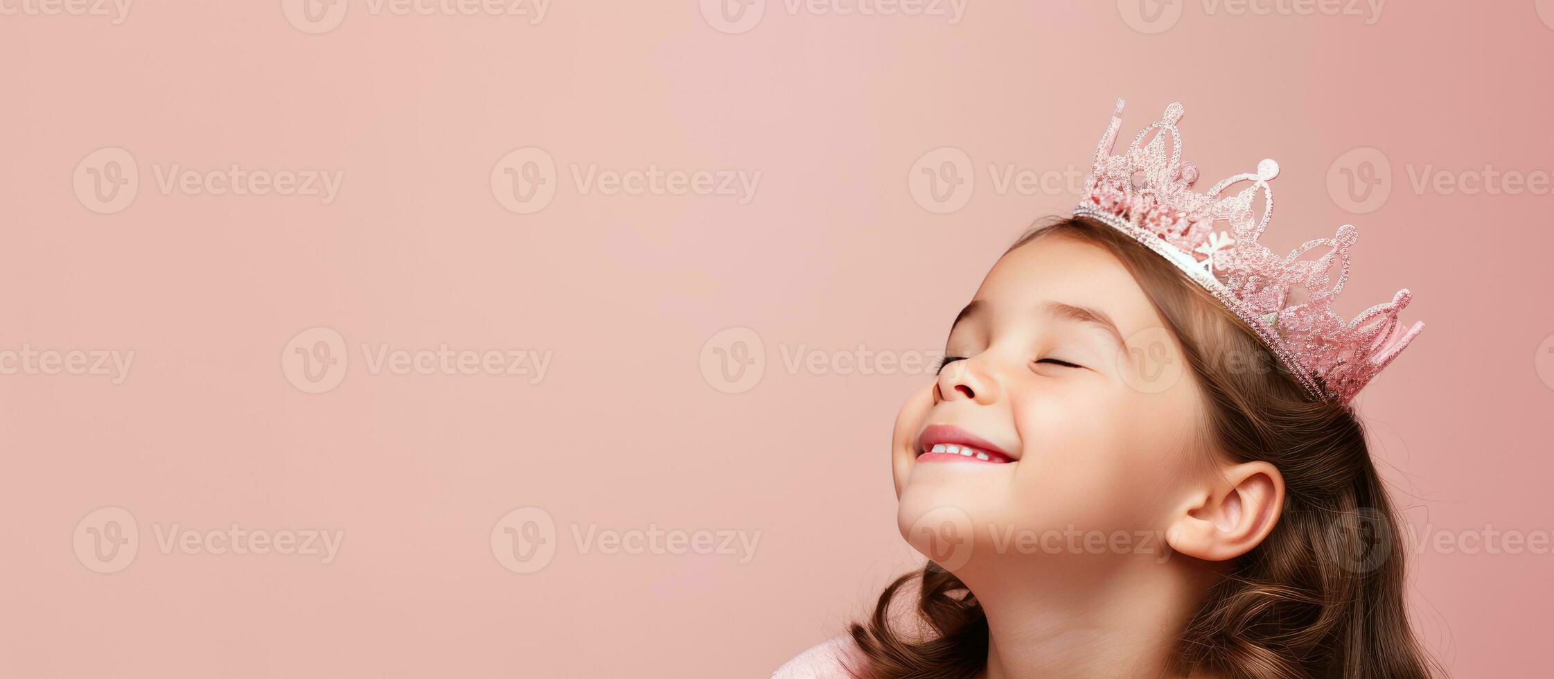 feliz jovem menina vestindo brinquedo coroa posando sobre Rosa fundo olhando a parte, de lado com sonhadores expressão foto