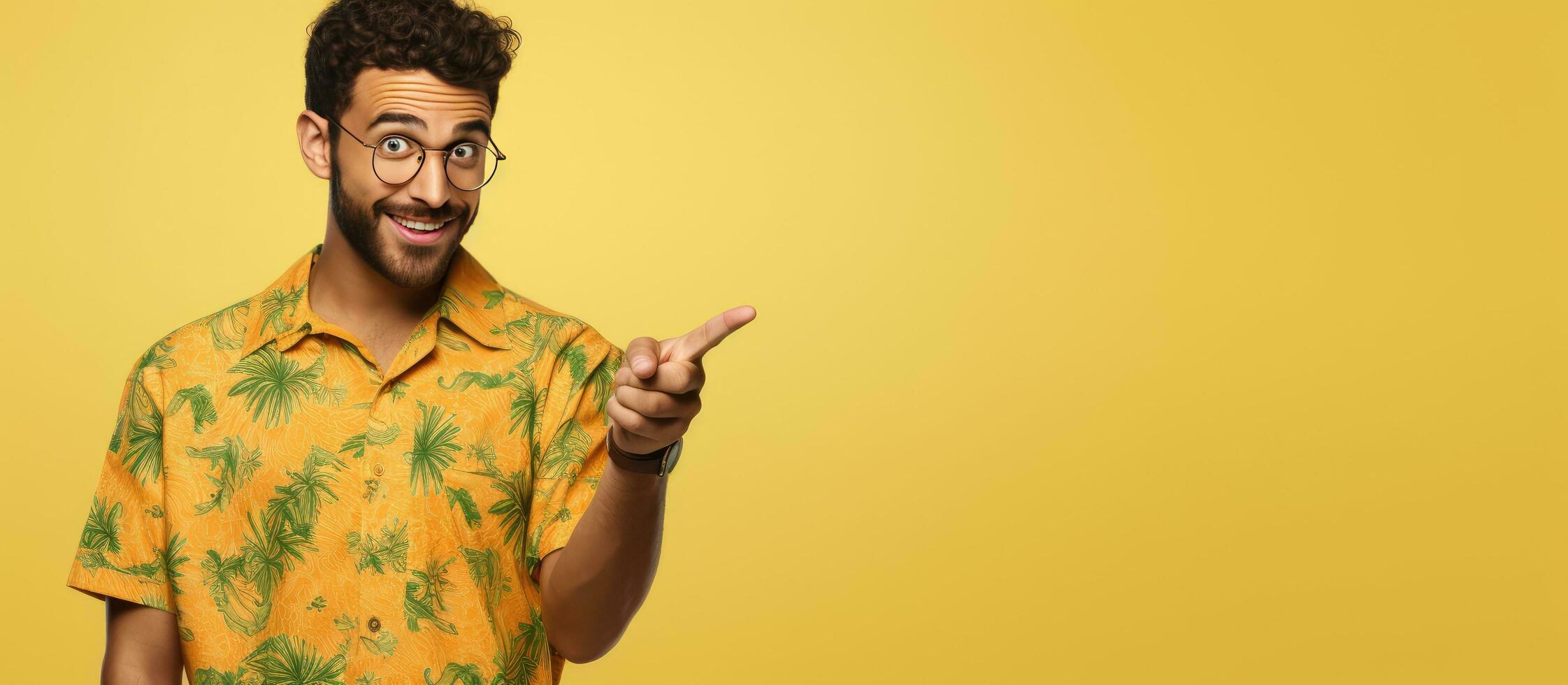 uma latim homem dentro uma impresso camisa sobre uma amarelo fundo pontos e anuncia sugerindo a melhor preço acessível foto
