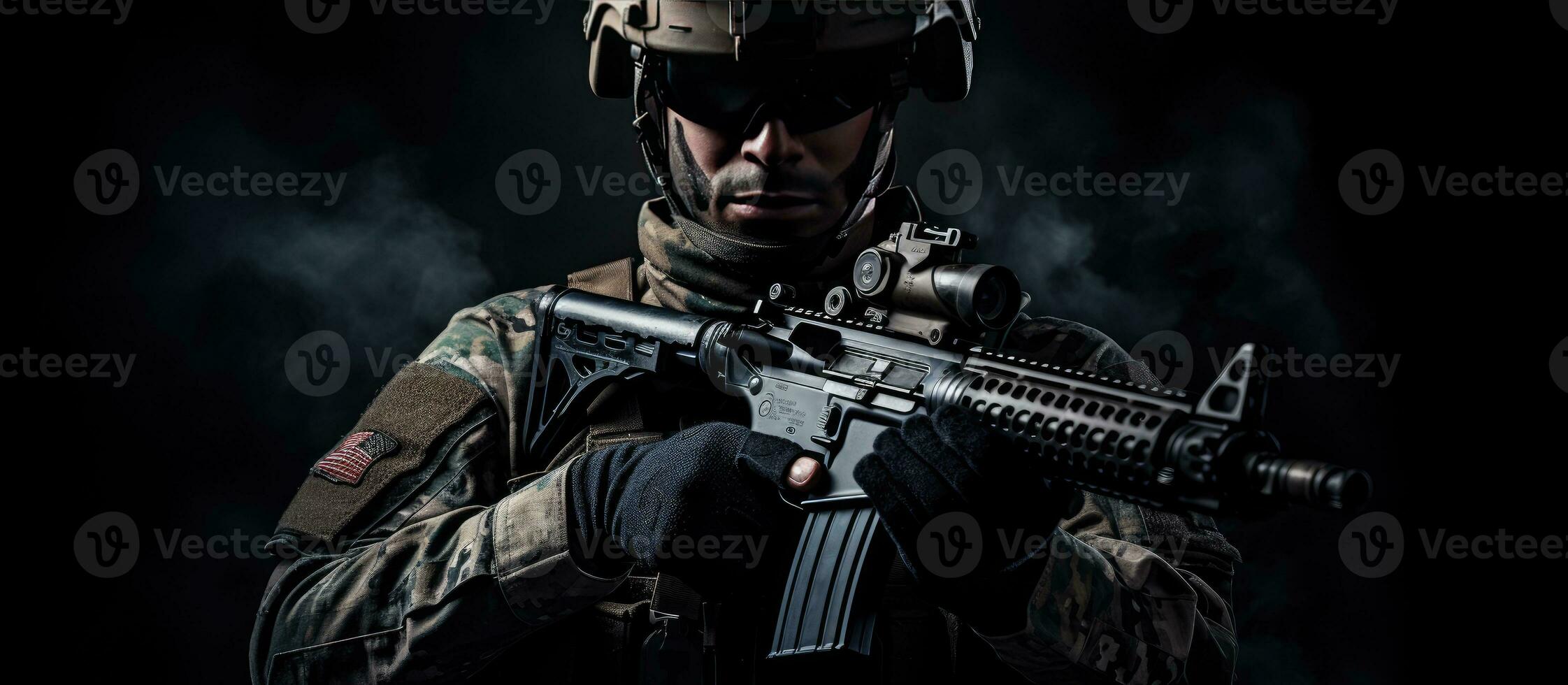 composto do caucasiano soldado segurando arma de fogo em Preto fundo a comemorar armado forças militares honra e patriotismo foto