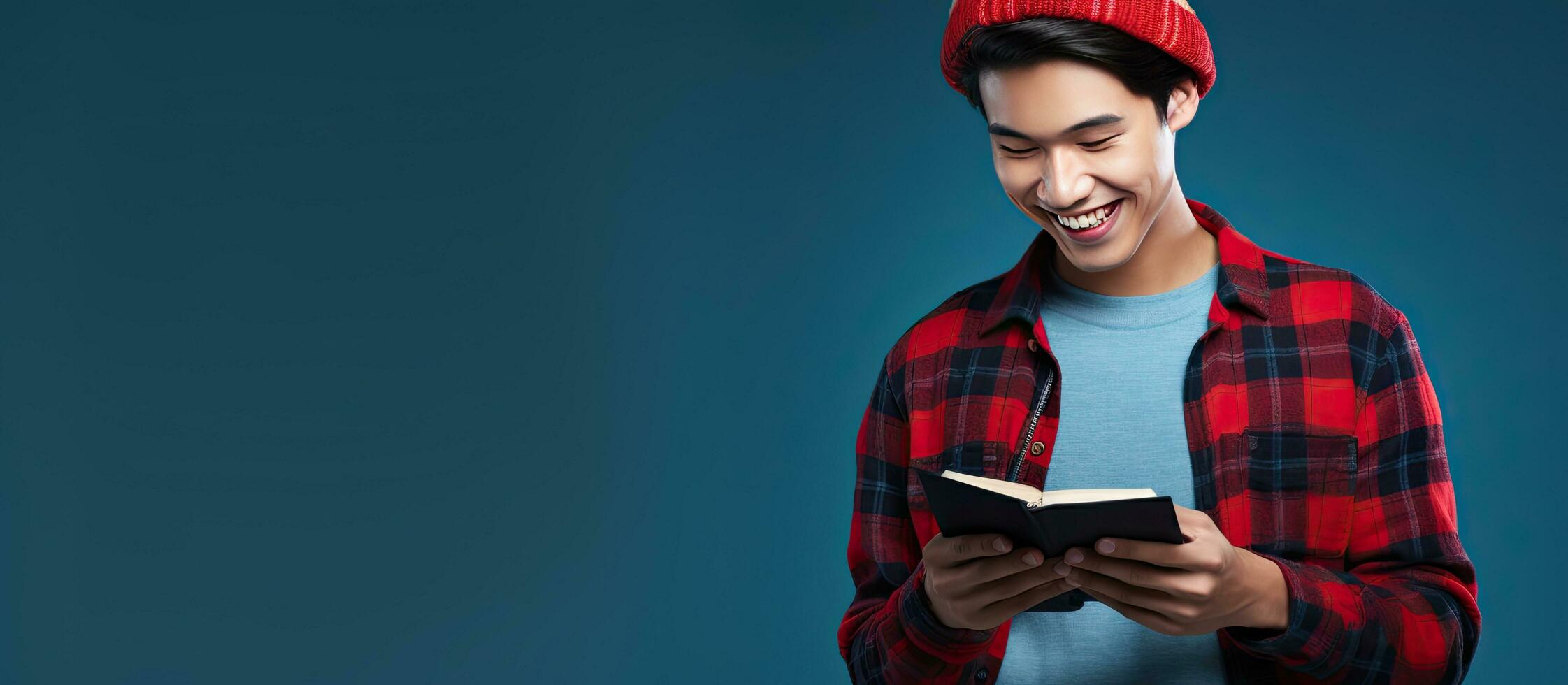 pensativo ásia masculino aluna dentro azul fundo com livro e telefone vestindo uma gorro chapéu e vermelho xadrez flanela camisa foto
