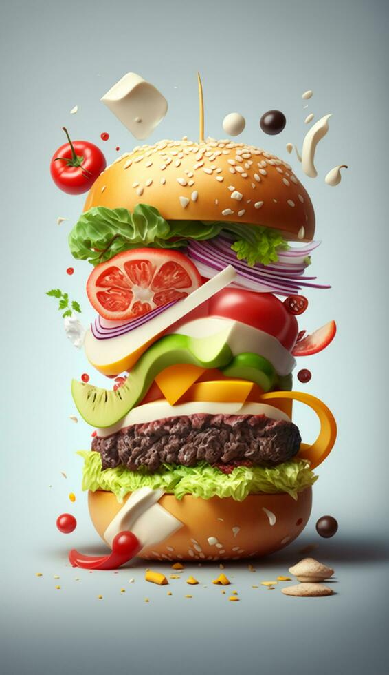 Hamburger com flutuando ingredientes em Sombrio fundo. criativo ainda vida conceito e anúncio. ai generativo foto