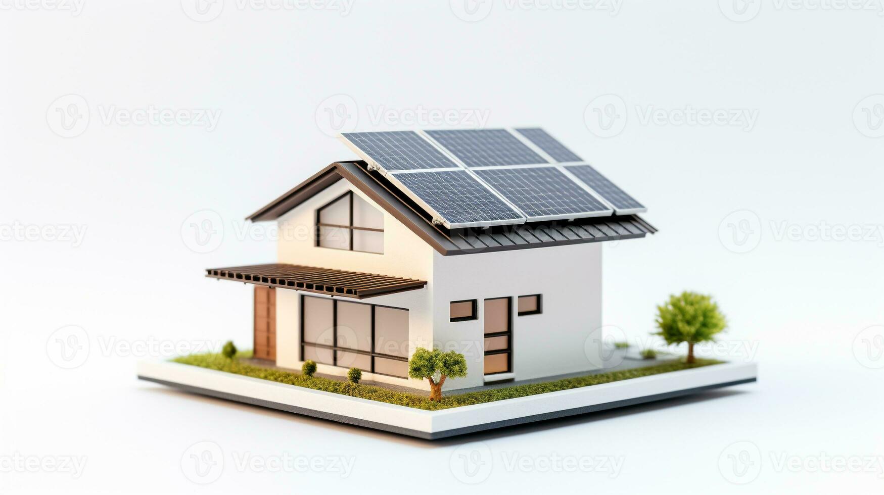 miniatura casa modelo com solar painel em cobertura em branco fundo. generativo ai foto