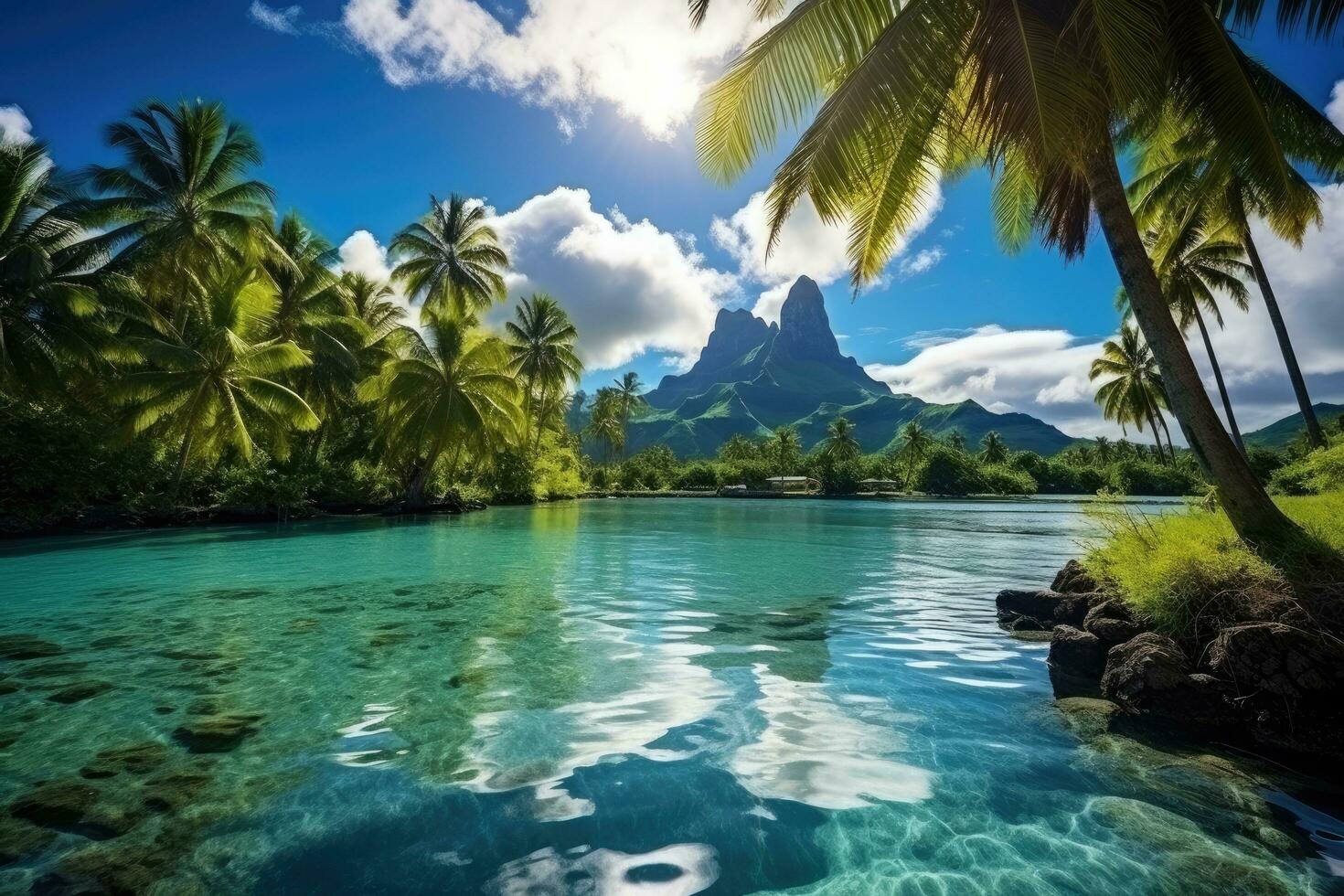 tropical ilha com Palma árvores e lagoa às Seychelles, uma pacífico e tranquilo lagoa dentro bora bora, francês Polinésia, ai gerado foto