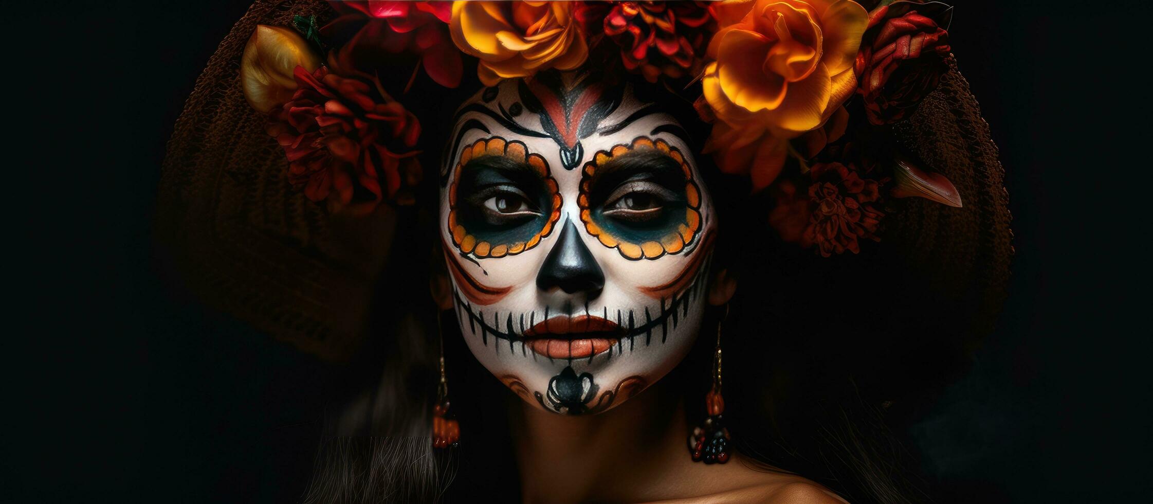 dia de los muertos símbolo assustador menina com calavera Catrina faço acima em Preto fundo dia das Bruxas foto