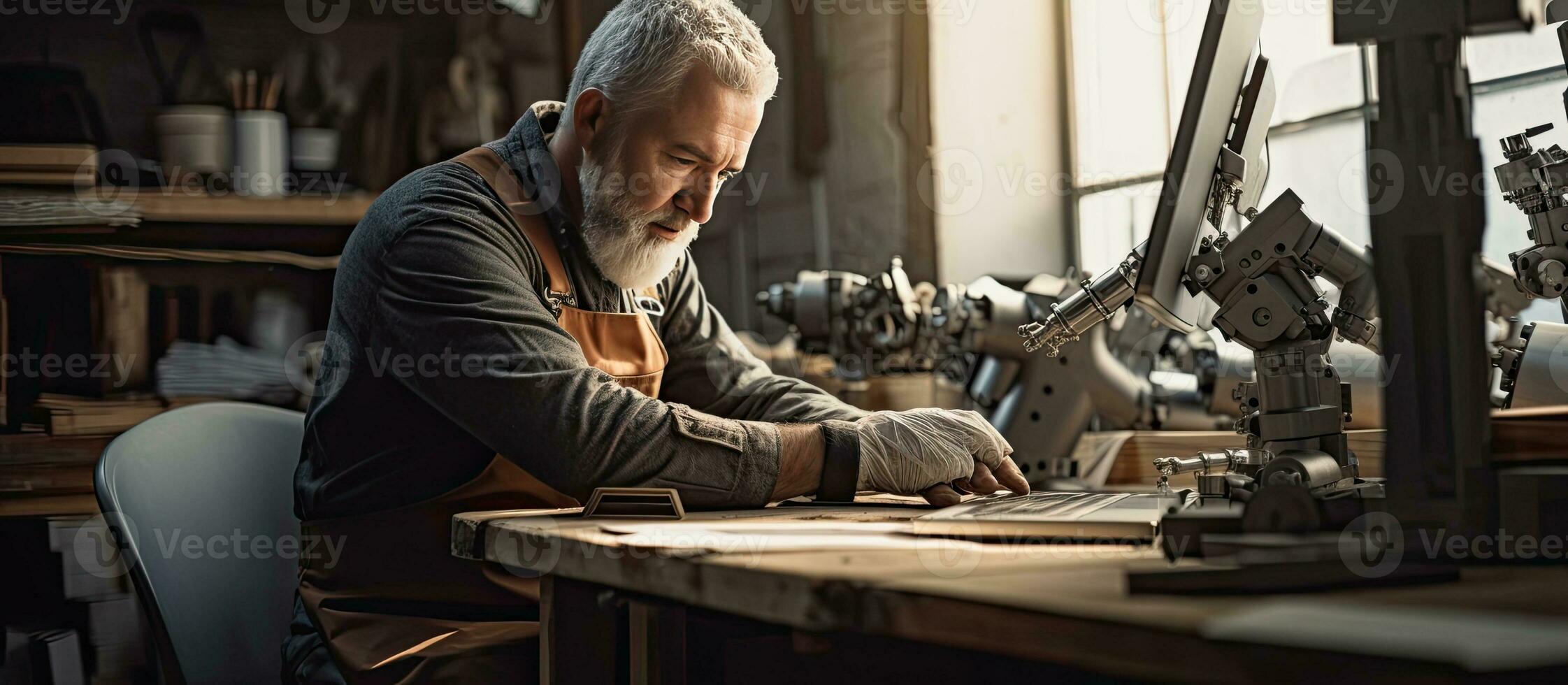 Senior artesão construção braço próteses dentro oficina com computador portátil e esvaziar área dentro a imagem foto