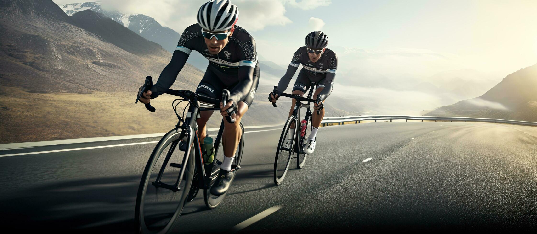 ciclistas em corrida bicicletas com capacetes levando uma pausa em a rodovia foto