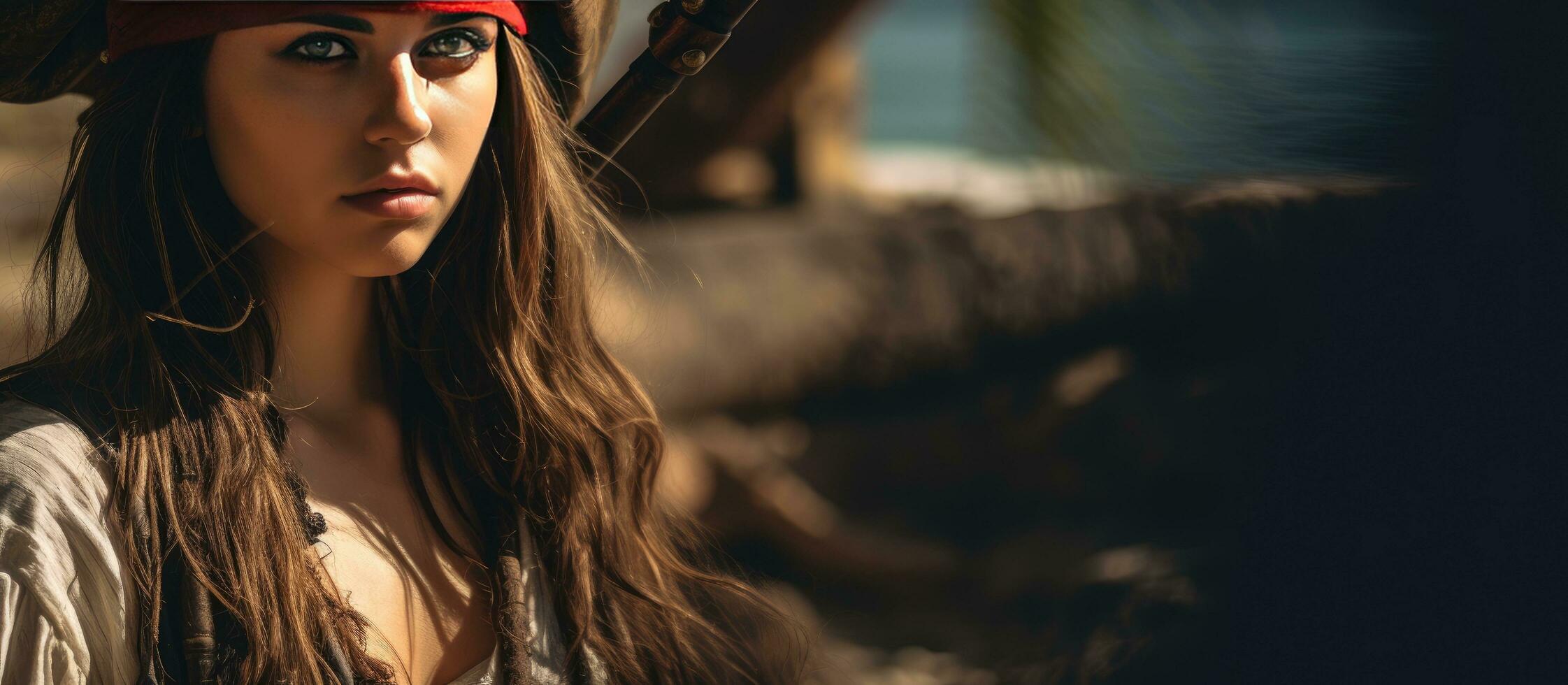 uma jovem mulher vestido Como uma pirata poses ao ar livre com uma facão fornecendo quarto para texto foto