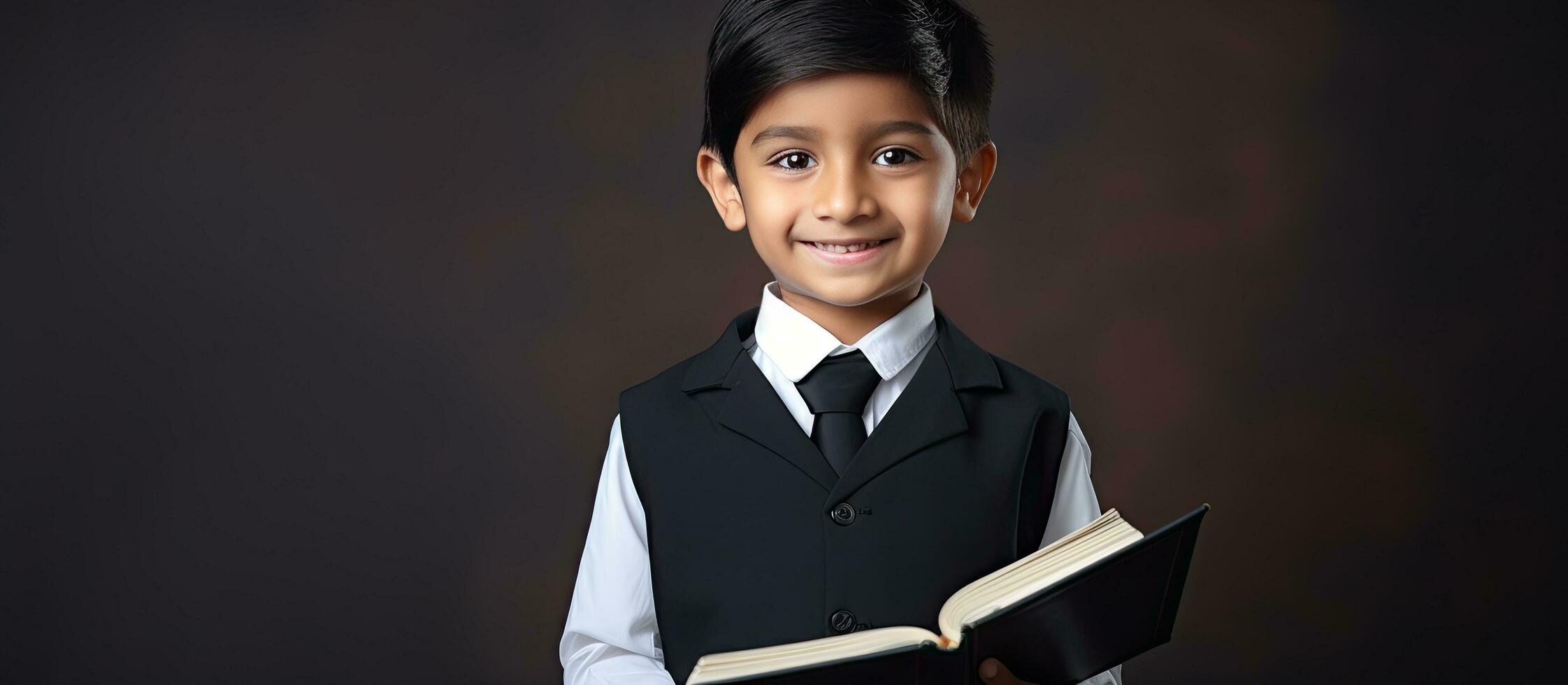 feliz indiano Garoto vestindo escola uniforme dentro primário escola com uma Preto ardósia ideal para publicidade produtos ou Serviços foto