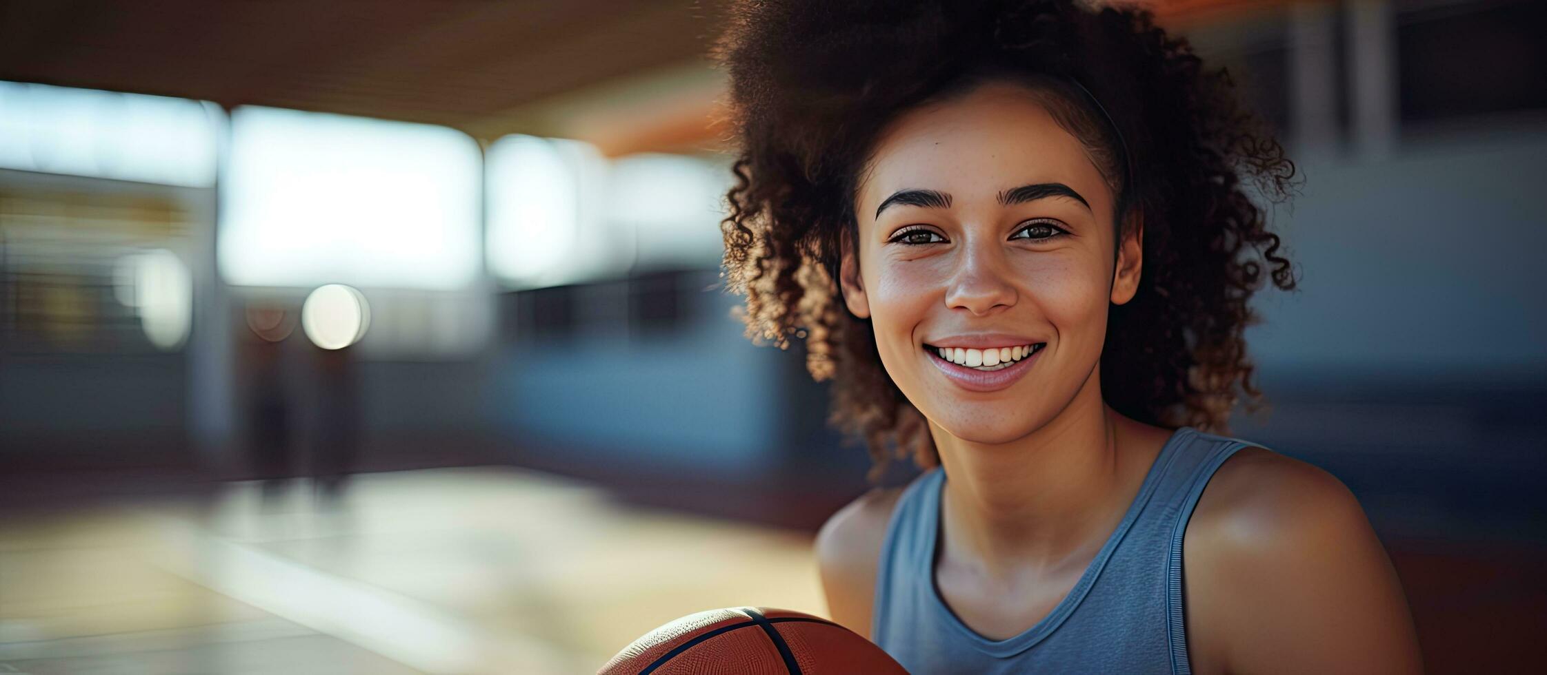 birracial fêmea basquetebol jogador com basquetebol às quadra cópia de espaço inalterado esporte atividade e estilo de vida foto