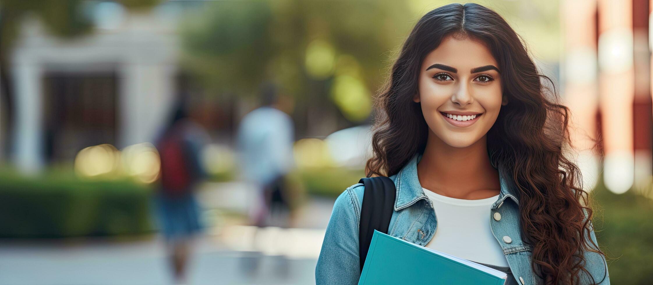 feliz jovem aluna posando ao ar livre perto Faculdade construção com mochila e livros desfrutando educacional programas e bolsa de estudos cópia de espaço acessível foto