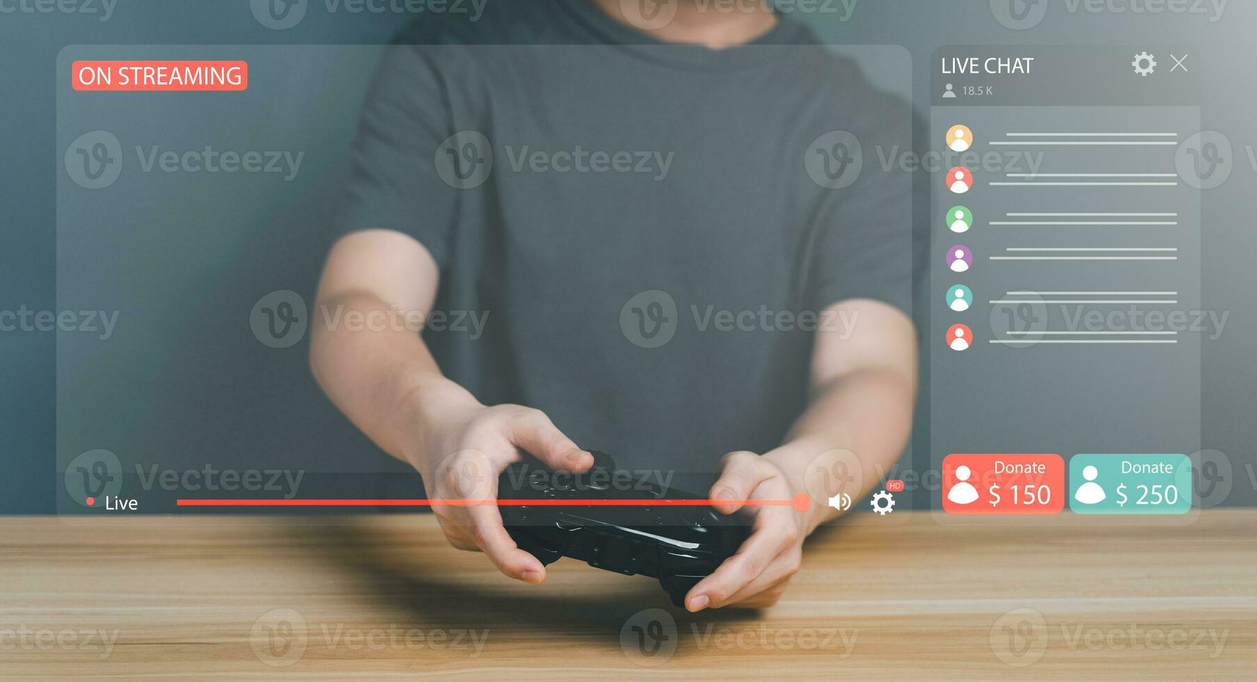 jogador controlando controle de video game para vídeo jogos com viver bate-papo e doar. flâmula ou O Criador transmissão jogar jogo, Novo tecnologia tendências, entretenimento em virtual tela, transmissão conteúdo Internet conceito foto