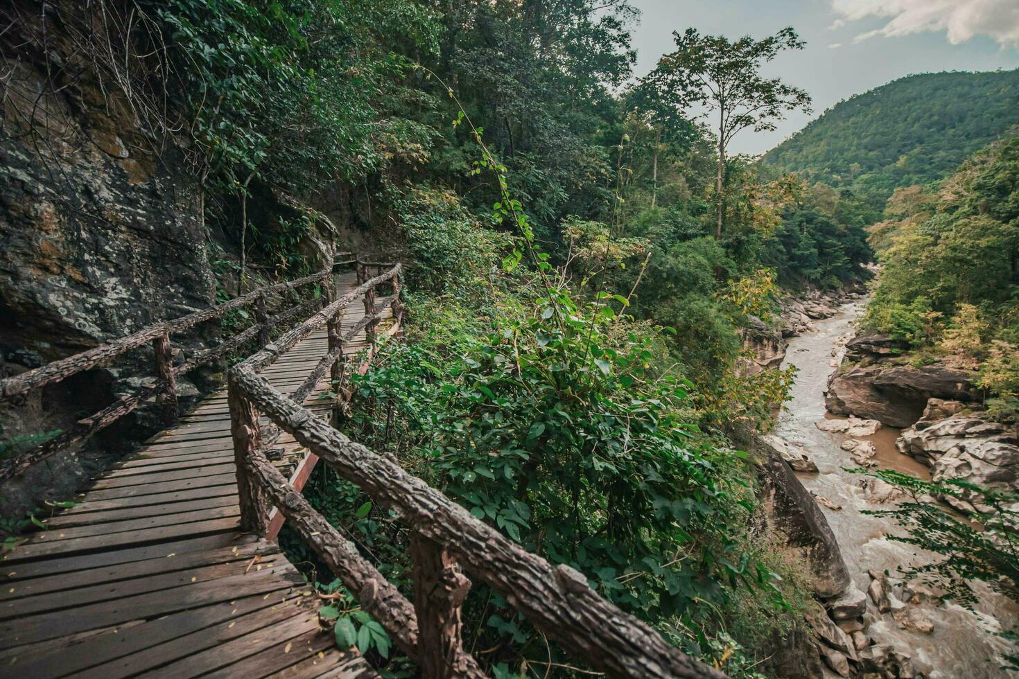 verde árvores rodeado a encantador op luang desfiladeiro penhasco Visão dentro op luang nacional parque dentro Chiang maio, tailândia. chiangmai. foto