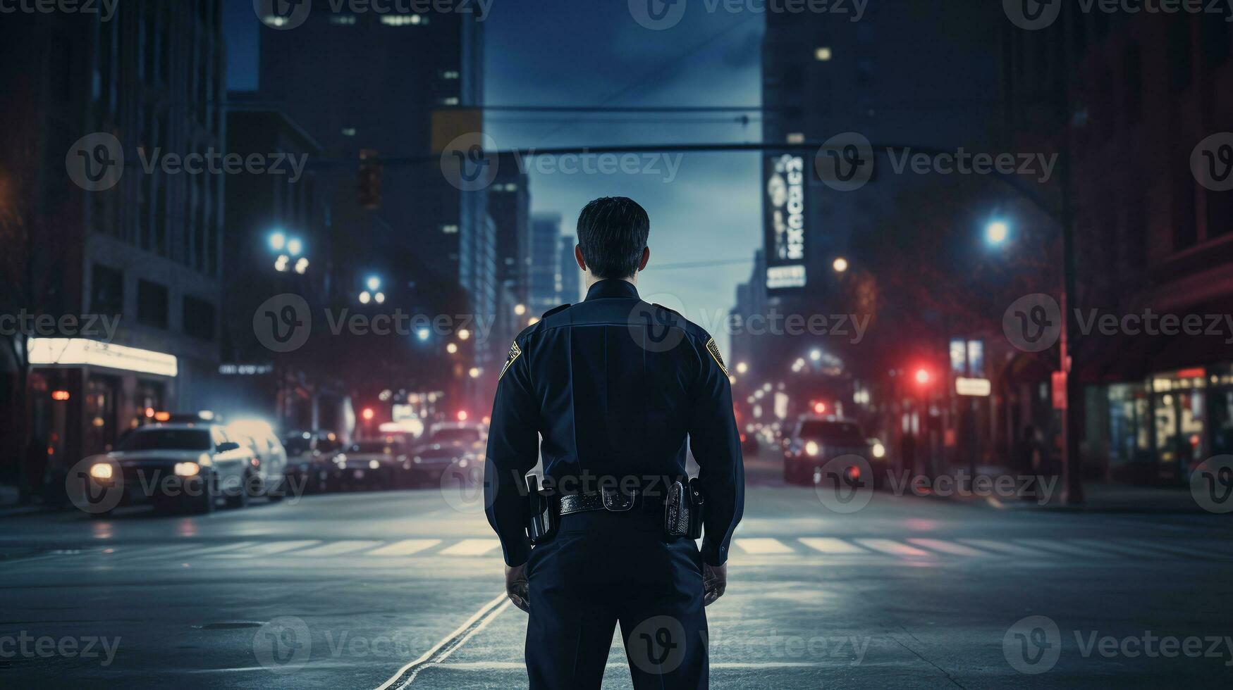 uma policial carrinhos dentro a meio do a rua. costas visualizar. ai generativo foto