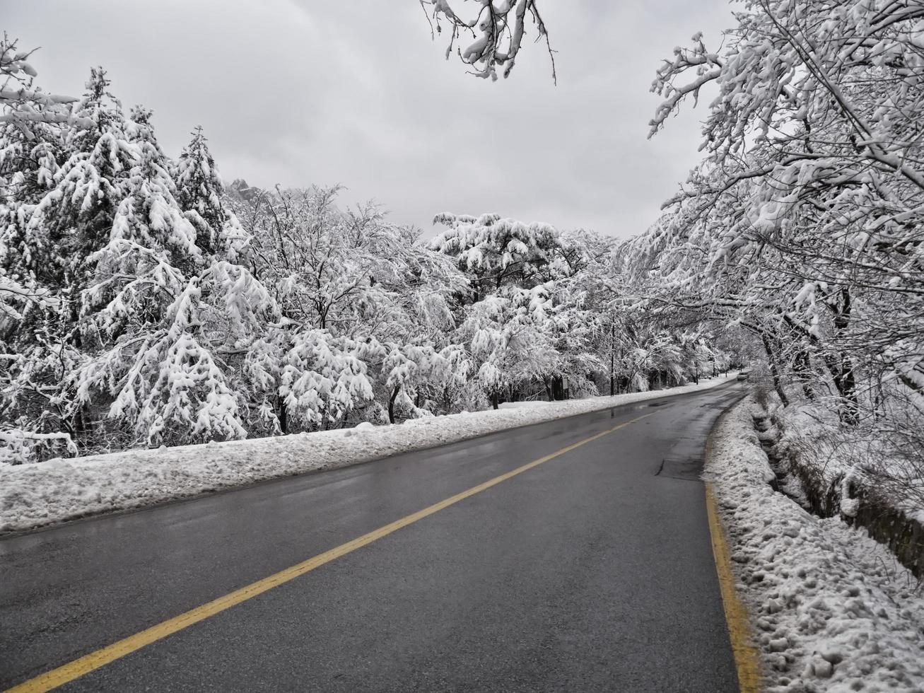 estrada florestal coberta de neve nas montanhas. Parque Nacional de Seoraksan. Coreia do Sul foto