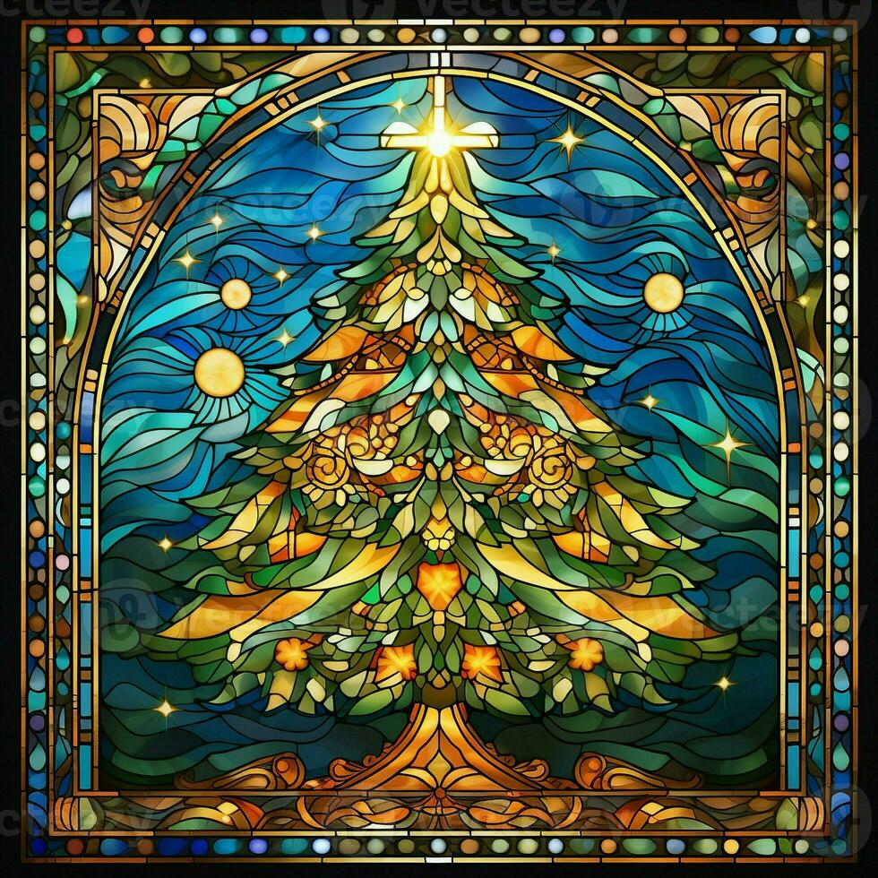 manchado vidro janela arco estilo Natal árvore, ouro, colorida, luz, ai gerado foto