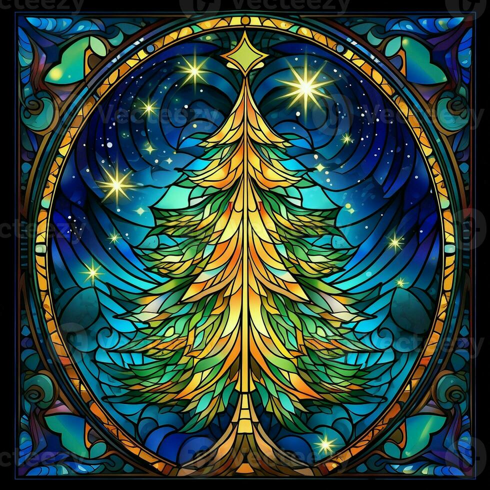 manchado vidro volta quadro, Armação Natal árvore, azul, luz, brilhar, estrela, noite, ai gerado foto