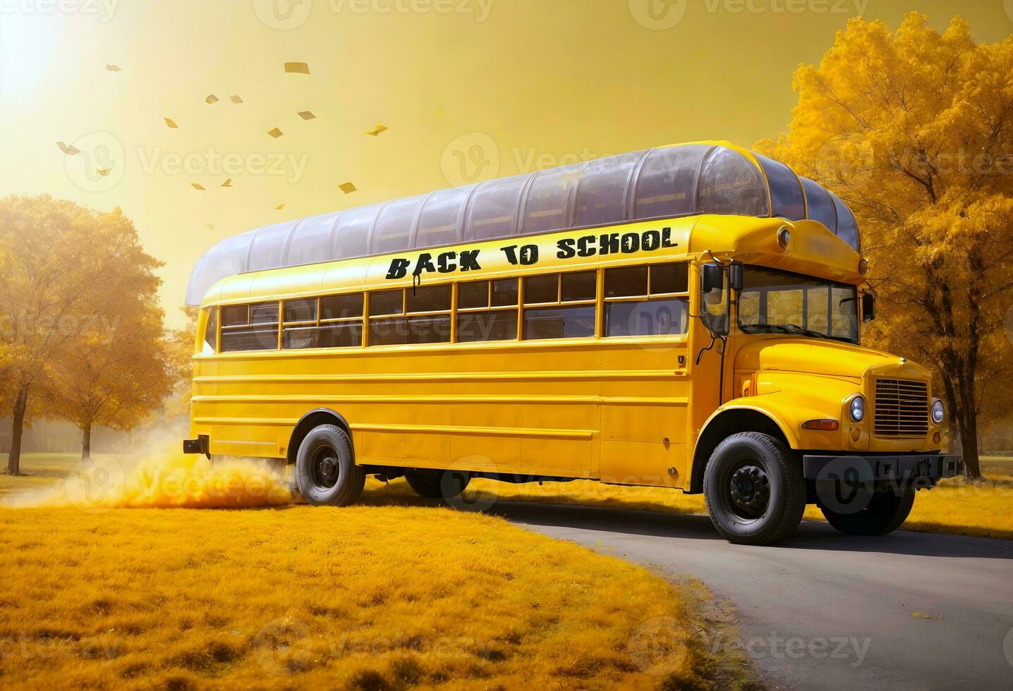 ai generativo amarelo escola ônibus, costas para escola conceito, bandeira Projeto foto