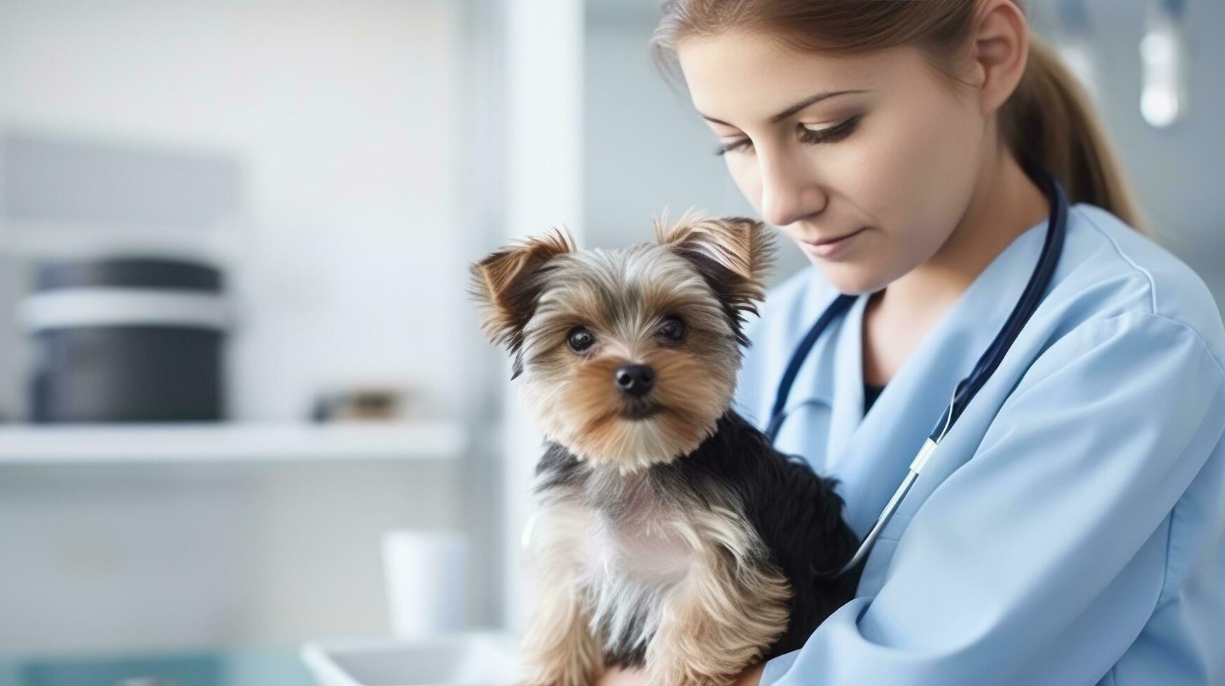 uma veterinário dentro uma clínica olhando às uma cachorro foto