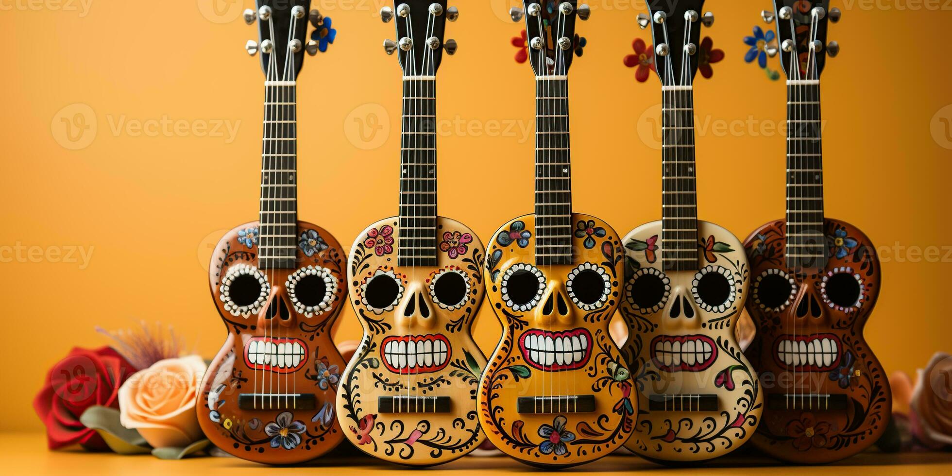 mexicano crânio guitarra em laranja fundo. generativo ai foto