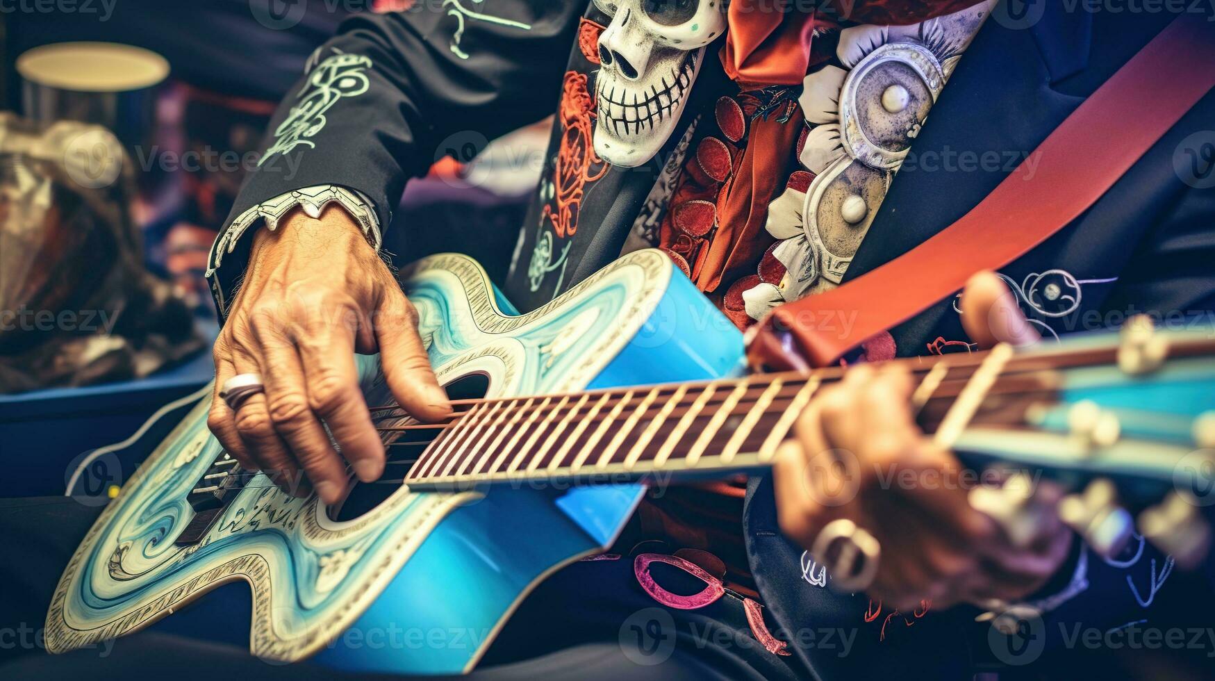 homem tocam guitarra em dia do a morto, México. generativo ai foto