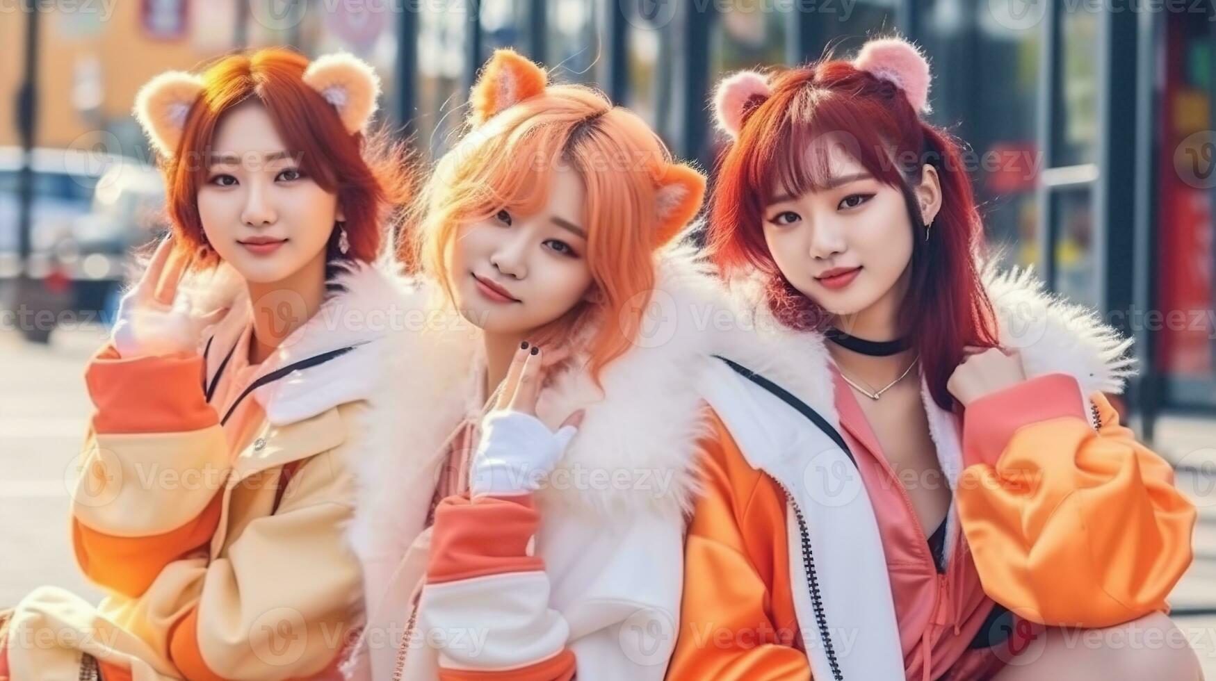 adorável ásia gato garotas, k pop grupo. generativo ai foto