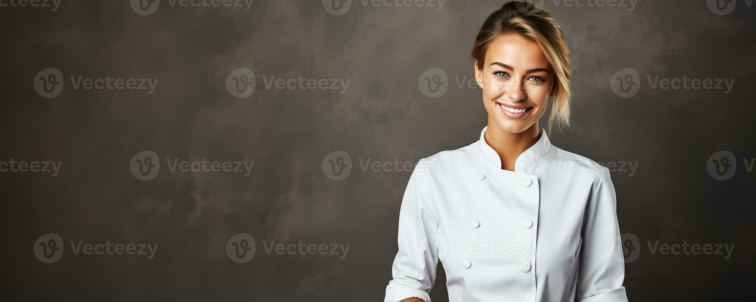 retrato do uma fêmea chefe de cozinha com uma prato em uma luz cinzento fundo foto