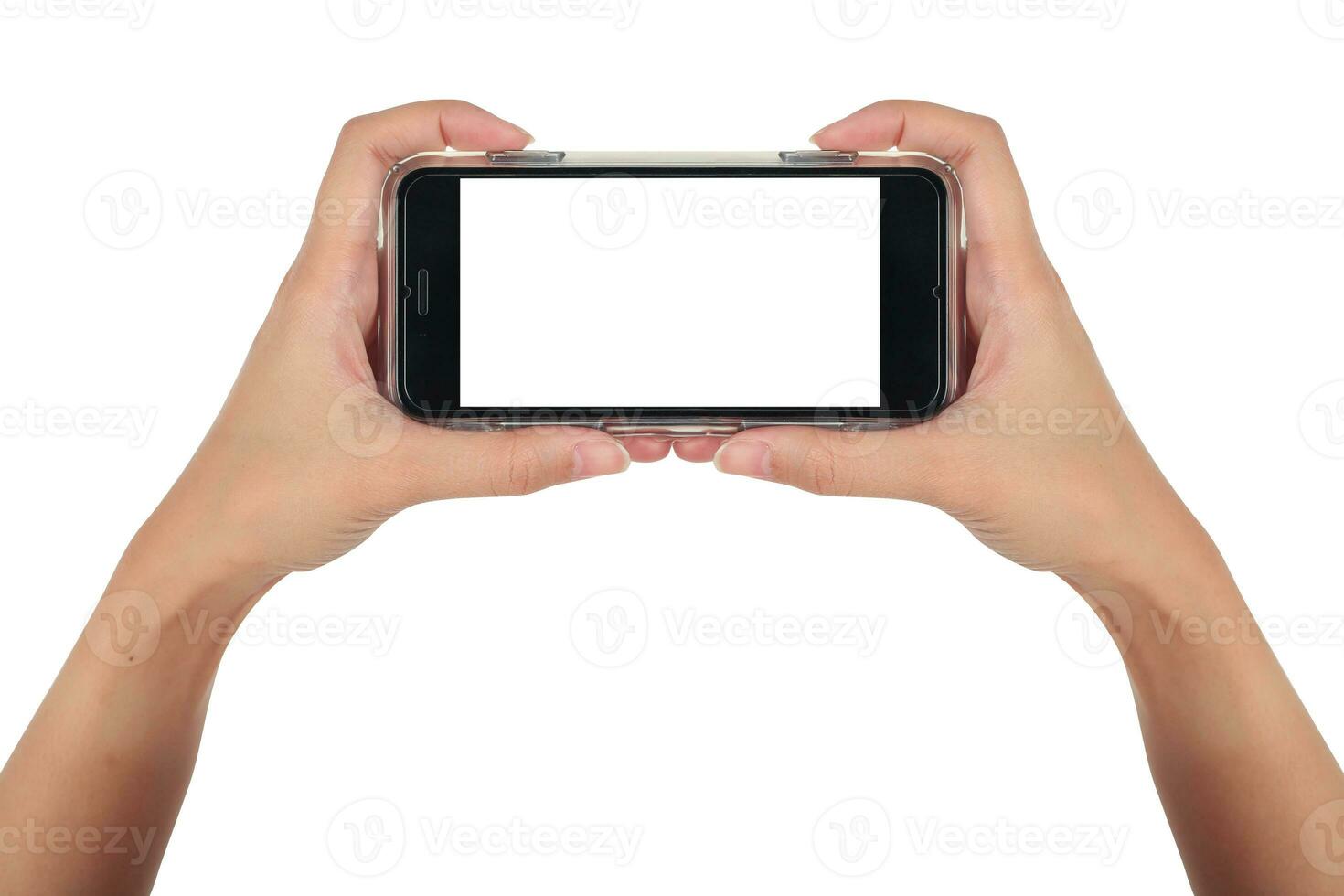 fêmea mão segurando horizontal inteligente telefone, usar recorte caminho foto