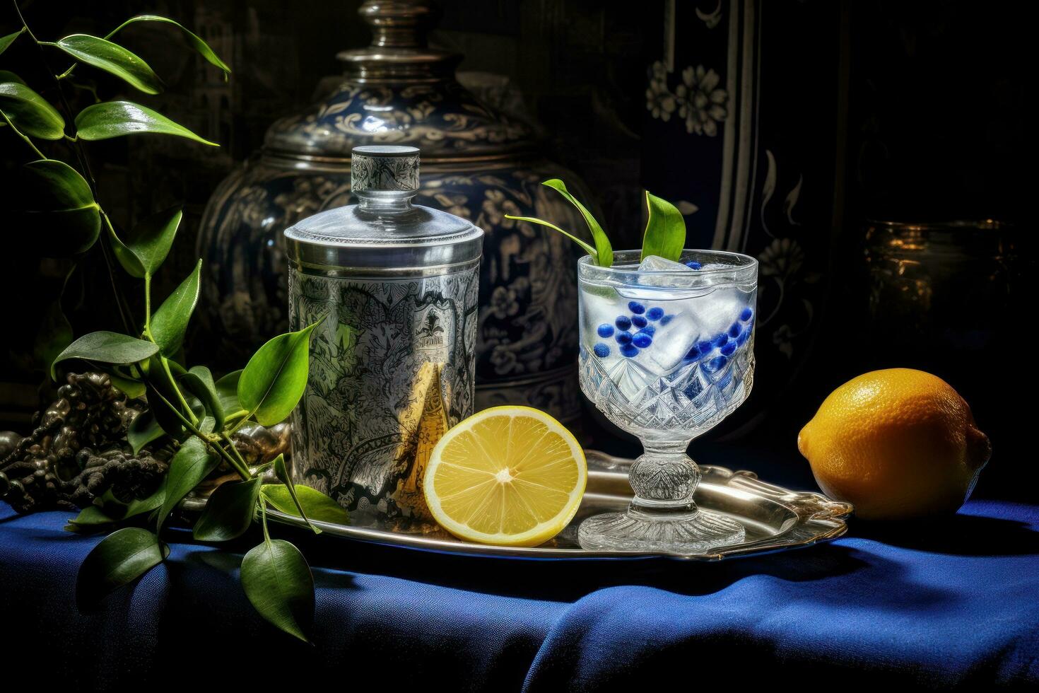 Gin e tônico em uma de madeira mesa em a Sombrio lado foto