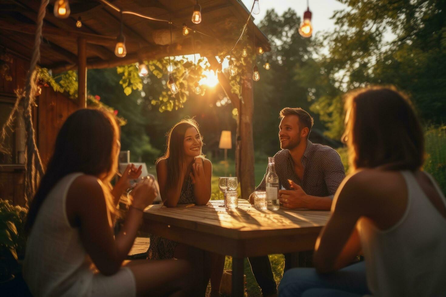 jovem amigos a comemorar às a festa em uma cobertura topo foto